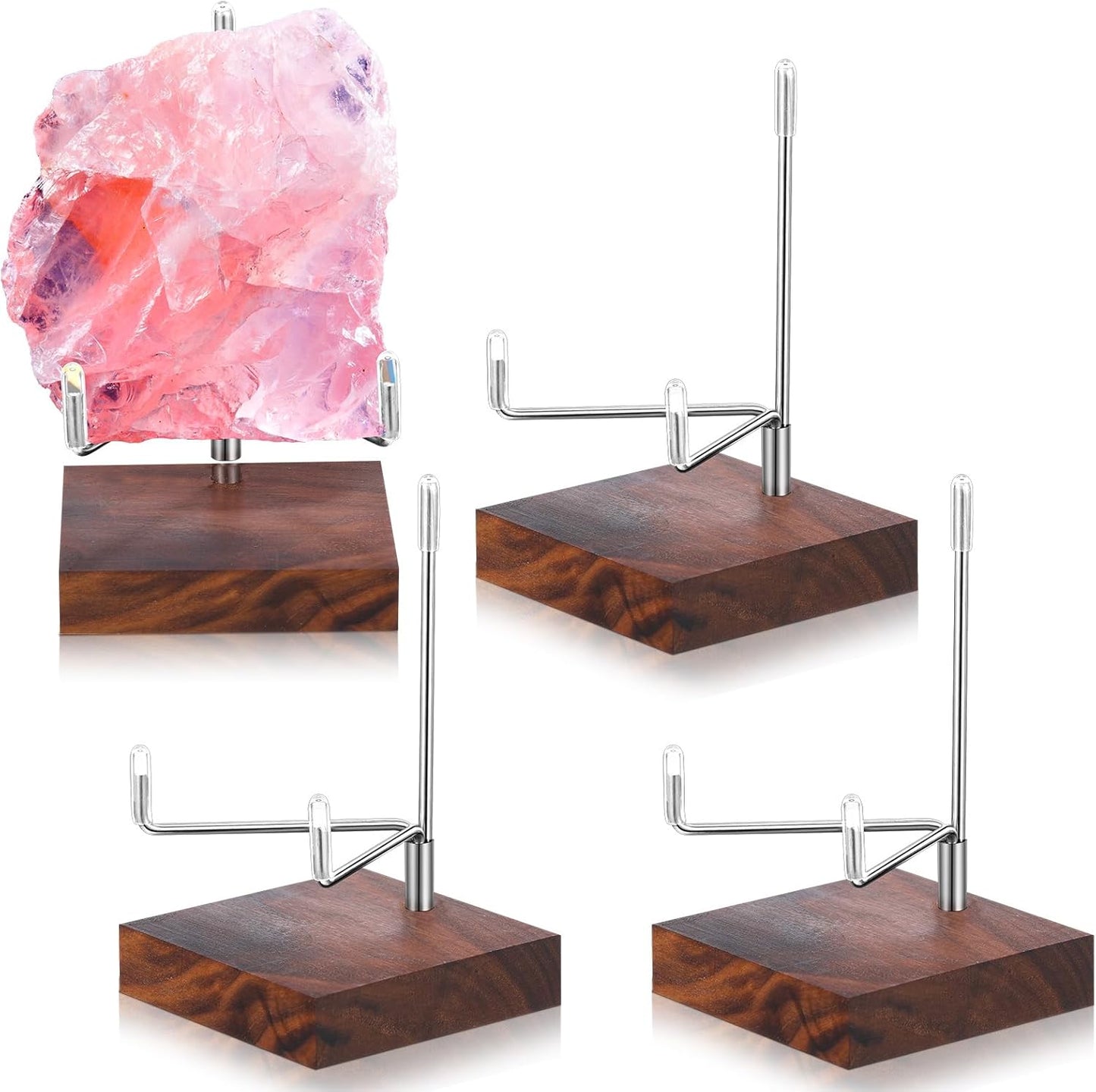 Wenqik 4 Pcs Crystal Display Stand Adjustable Metal Arms Small Rock Display Stand with Wooden Base Geodes Rock Agate Mineral Easel Holder for Collectibles(1.97 x 1.97 x 3.15 Inch)
