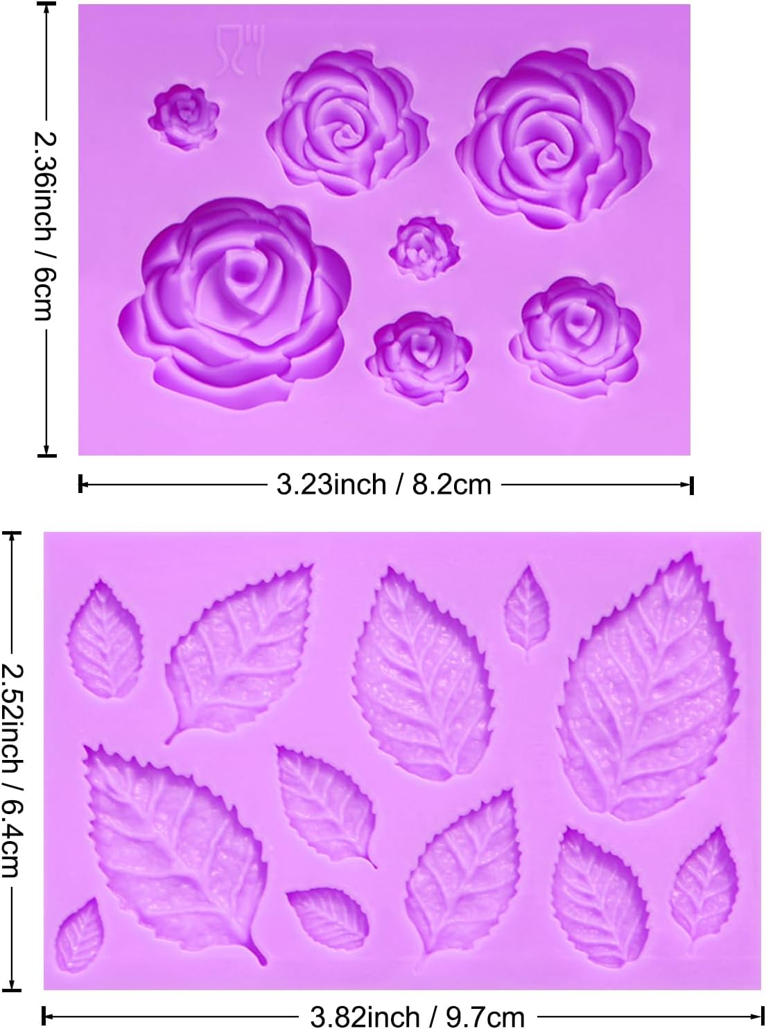 Rose Flower Fondant Molds, Flower and Leaves Silicone Molds, Cake Decoration Chocolate Molds for Cupcake Topper Candy Cookie Clay Crafting Projects Set Of 2