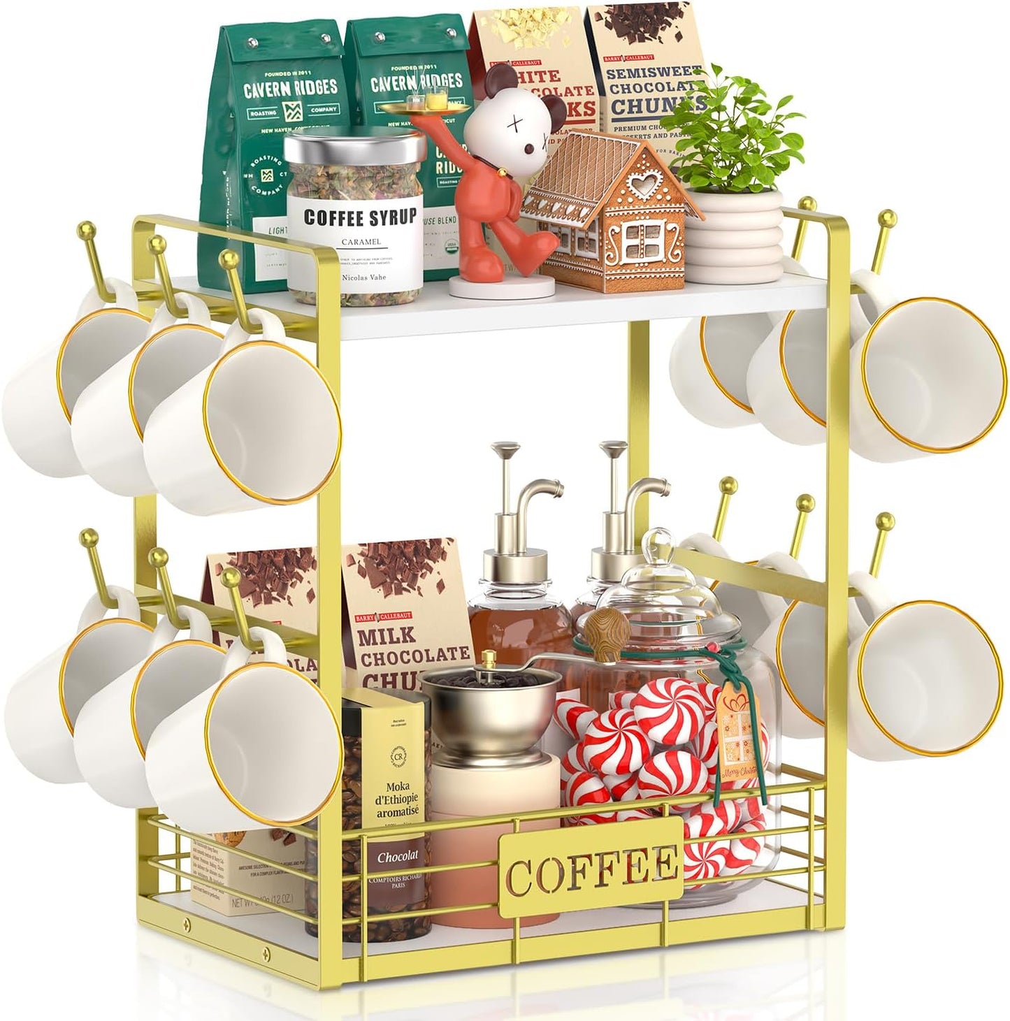 EsLuker.ly Coffee Bar Station Organizer Mug Cup Holder Stand for Countertop, Multi-Functional 2 Tier Mug Tree Rack for Kitchen, Storage Shelf with 12 Hooks, White-Gold