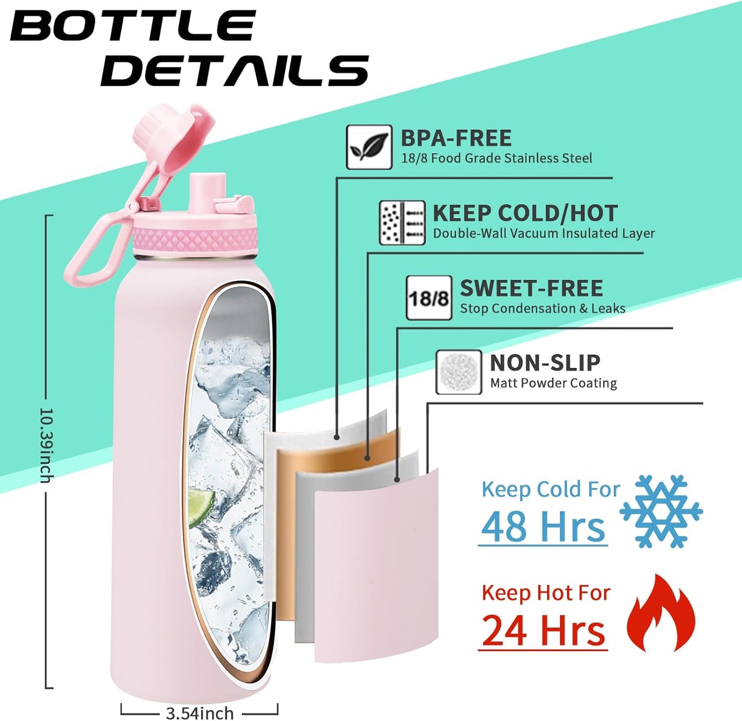 40 oz Insulated Water Bottles with Straw & Auto Chug Lid, Paracord Handle, Metal Flask Keep Cold-48H & Hot-24H, Double Vacuum Stainless Steel Travel Jug with Carrying Case for Gym Workout Running