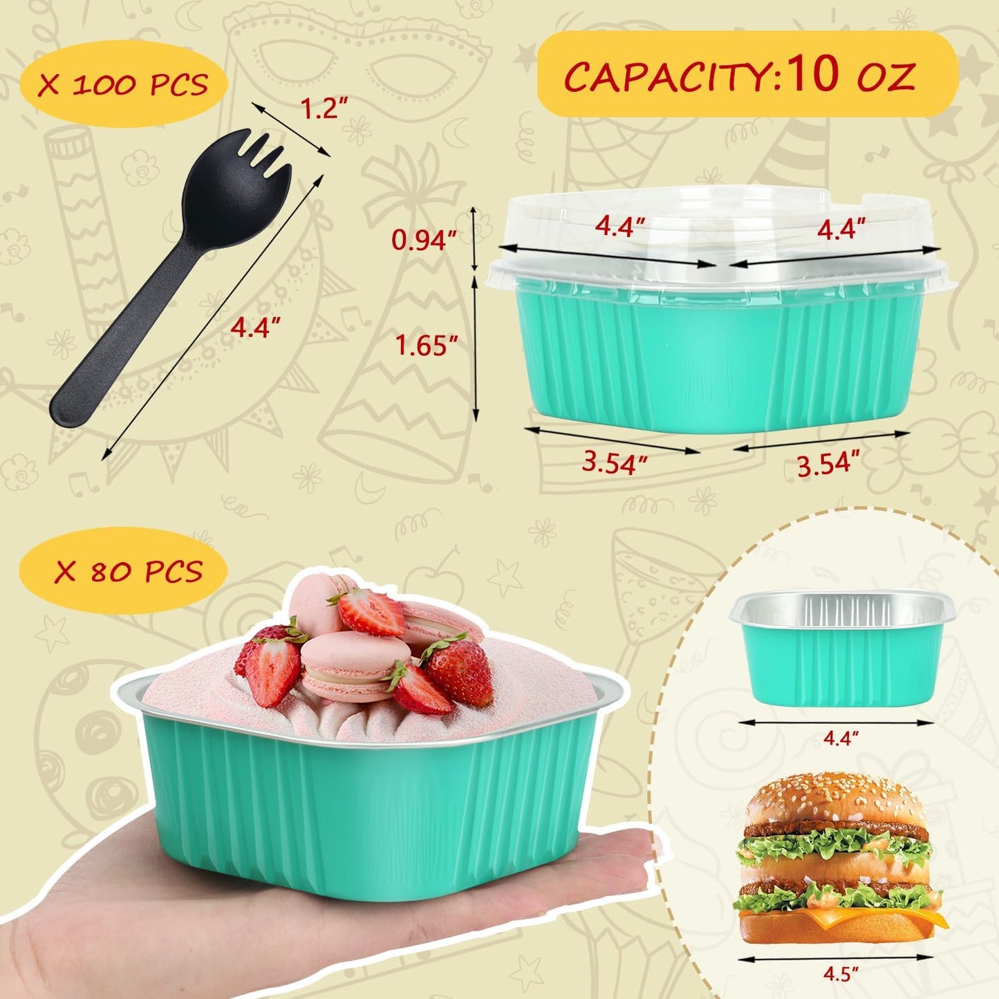 LNYZQUS 10oz/80pack Foil Mini Cake Tins with Lids 4”X4” Small Cake Baking Pans Cupcake Containers,Disposable Ramekins Mini Aluminum Brownie Pan Large Muffin Cups Holders-Cyan Blue