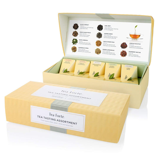 Tea Forte Tea Tasting Assortment Premium Petite Presentation Box Gift Set Sampler, 10 Count, 1 of Each Variety Individually Wrapped Handcrafted Pyramid Infuser Bags