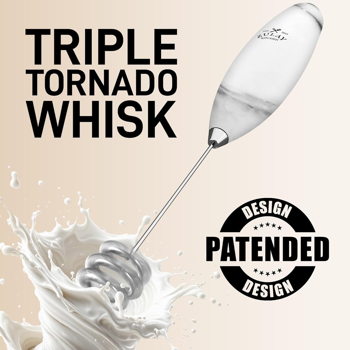 Zulay Kitchen Patented Tornado Triple Whisk Milk Frother with 4 Duracell Batteries – Handheld Foam Maker for Coffee, Lattes, Matcha & Hot Chocolate – Rich, Creamy Froth in Seconds