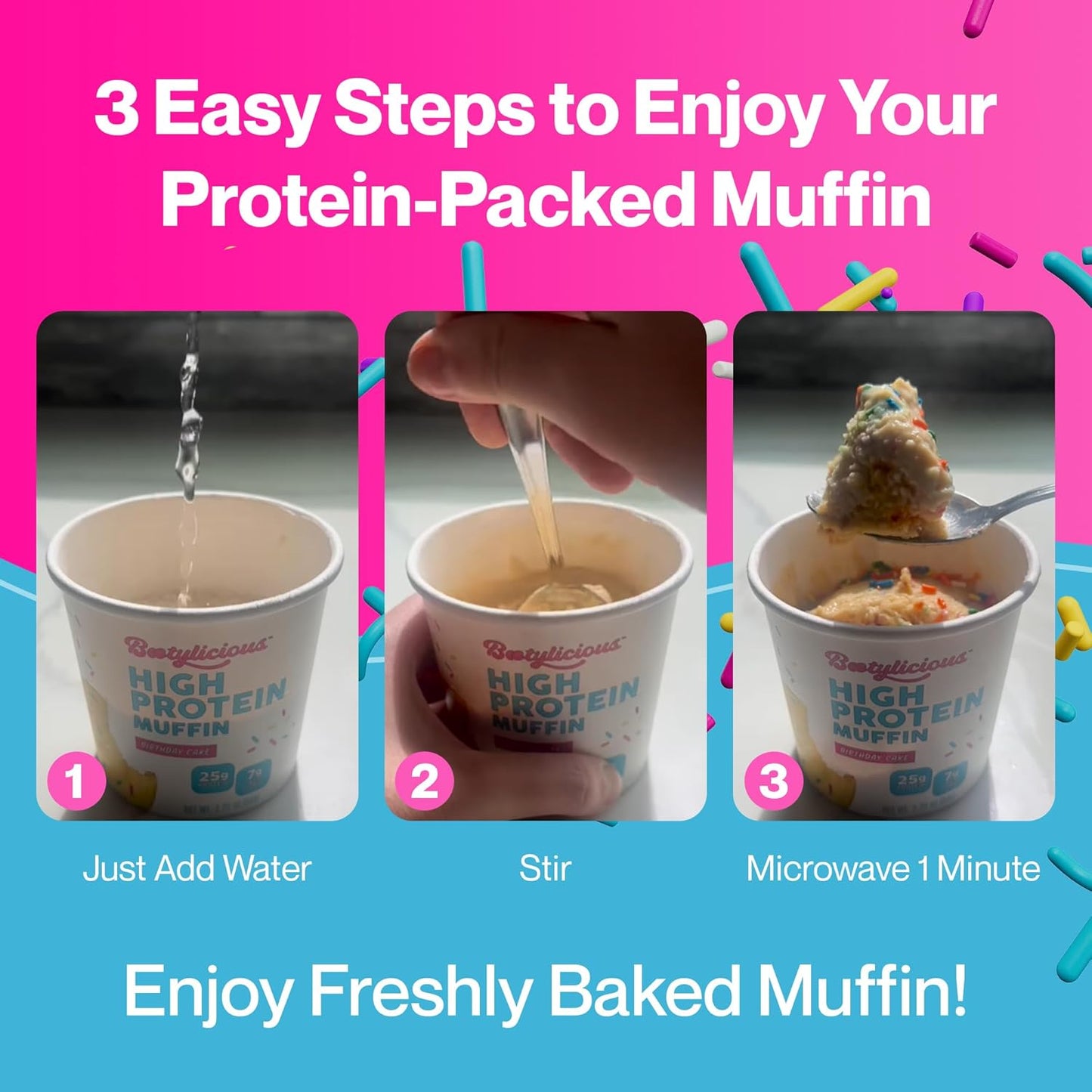 Bootylicious | High-Protein Muffin | 25g Protein, 7g Net Carbs, 2.32-2.75oz Cup, 12-Pack (Birthday Cake)