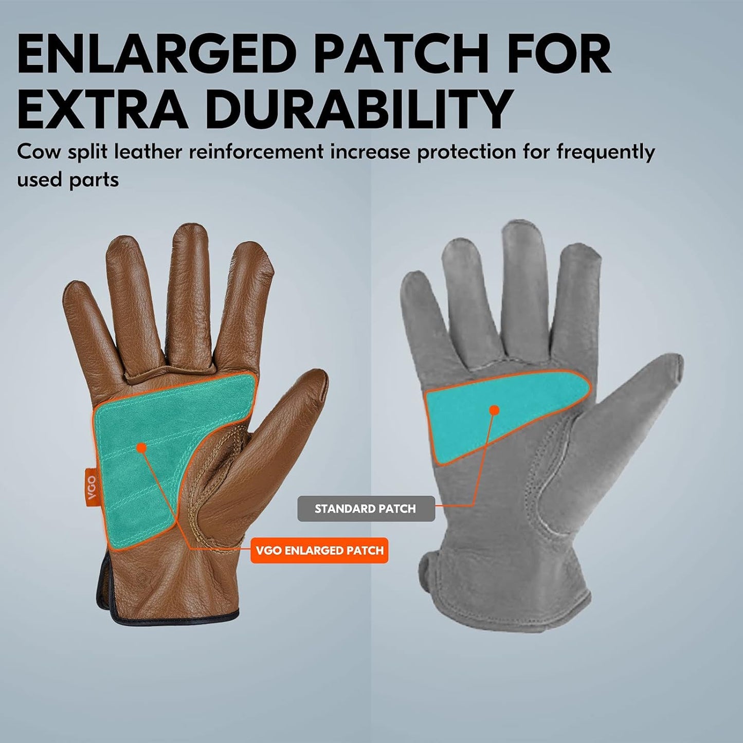 Vgo... 1-Pair Unlined Safety Cow Grain Leather Work Gloves Men, Rigger Gloves, Builder Gloves, Water Resistant, Palm Patched (Size L, Brown, CA9597WP)