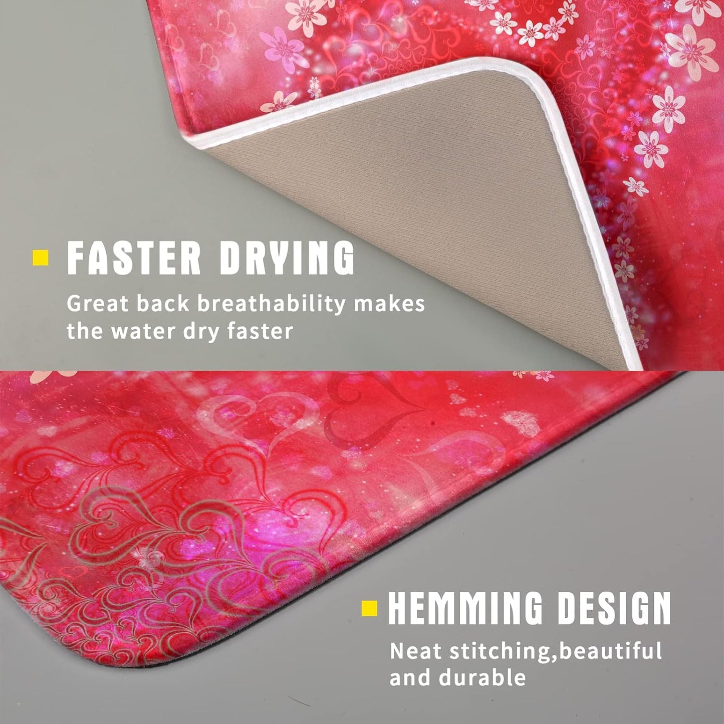 Valentines Day Dish Drying Mat for Kitchen Counter Red Heart Flower Decor Drying Mat 16 x 18 Inch with Absorbent Reversible Microfiber Dish Drying Pad Dish Rack Drainer Mat for Coffee Bar