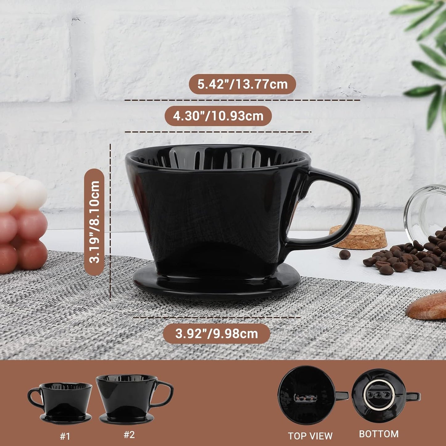 Segarty #2 Pour Over Coffee Maker, Single Cup Black Ceramic Coffee Dripper, 1 Set Size No.2 Reusable Filter Cone Drip Holder Slow Brewer with 3 Holes Flat Bottom for Travel, Camping, Office, Home
