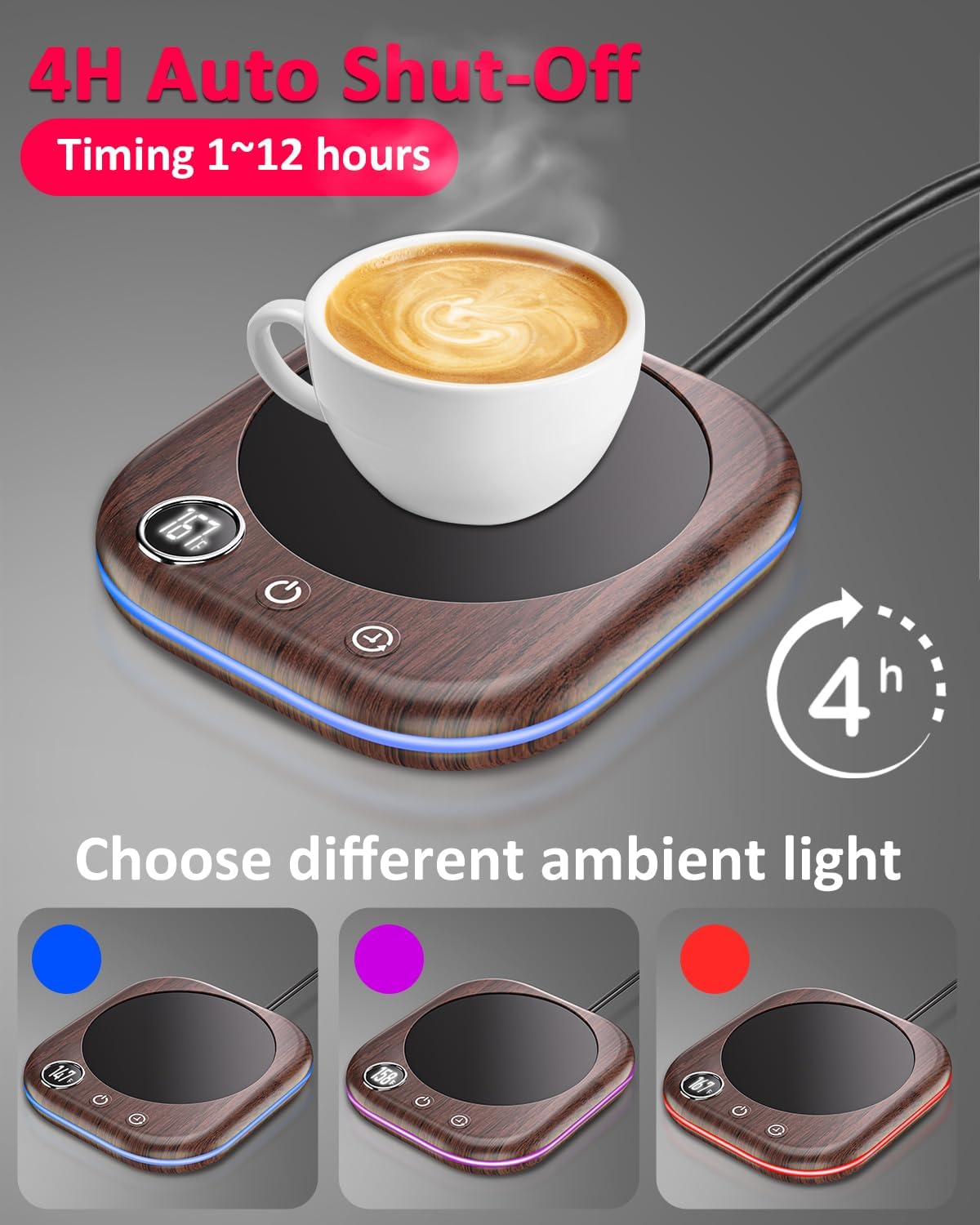 Mug Warmer,40W Coffee Mug Warmer for Desk with Temperature Display, 4 H Auto Shut Off, 3 Temp Settings & 1-12H Timer, Smart Electric Beverage Warmer for Coffee, Tea, Water, Milk and Coco(Wood Grain)