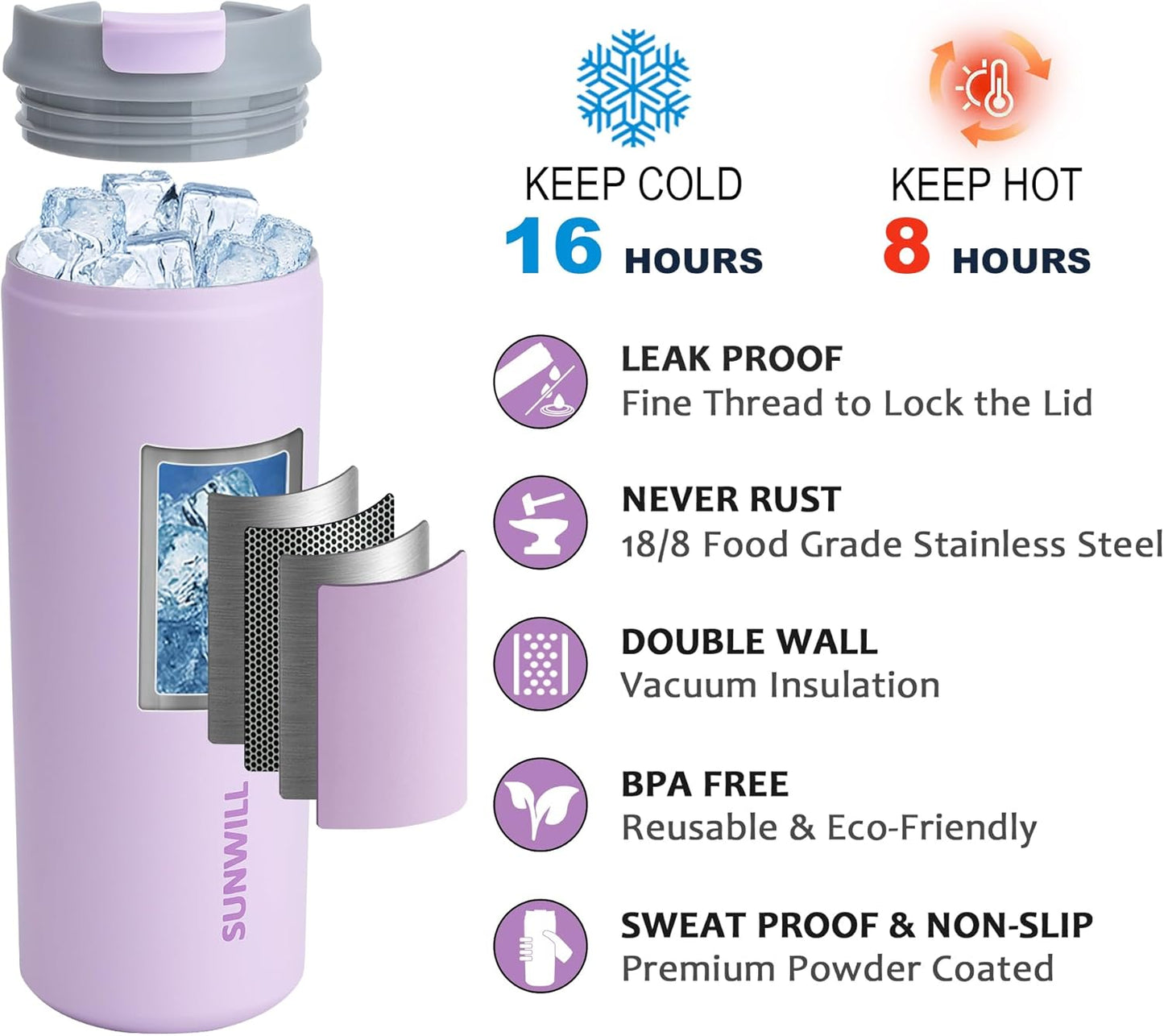 SUNWILL Travel Coffee Mug with Lid, Leak Proof Tumbler Stainless Steel, 16 oz Insulated Cup for Water, Tea, Ice, Powder Coated Lavender