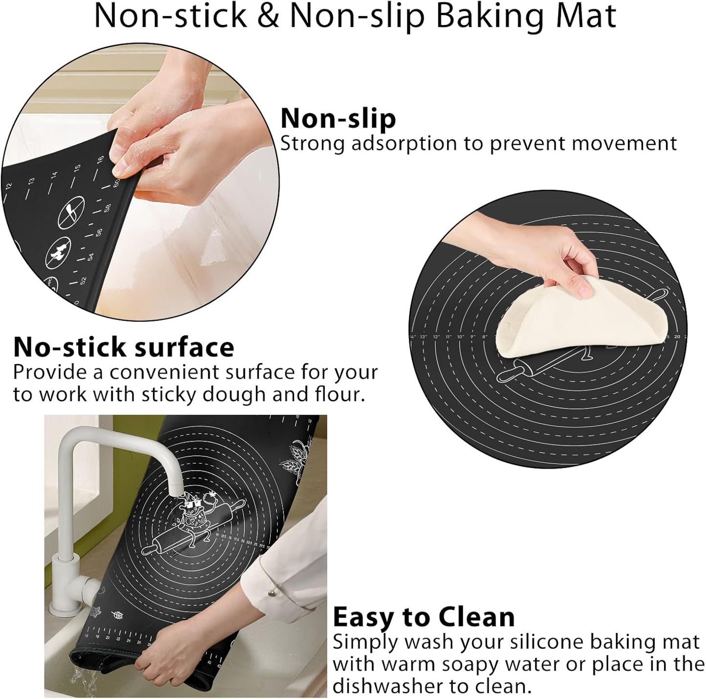 Silicone Baking Mat 32" x 24" Extra Thickness Dough Rolling Mat with Measurements and Edge Heightening, Non-stick Food Grade Silicone Pastry Mat for Pastry, Bread, Cookies, Pizza, Fondant, Pasta-Black