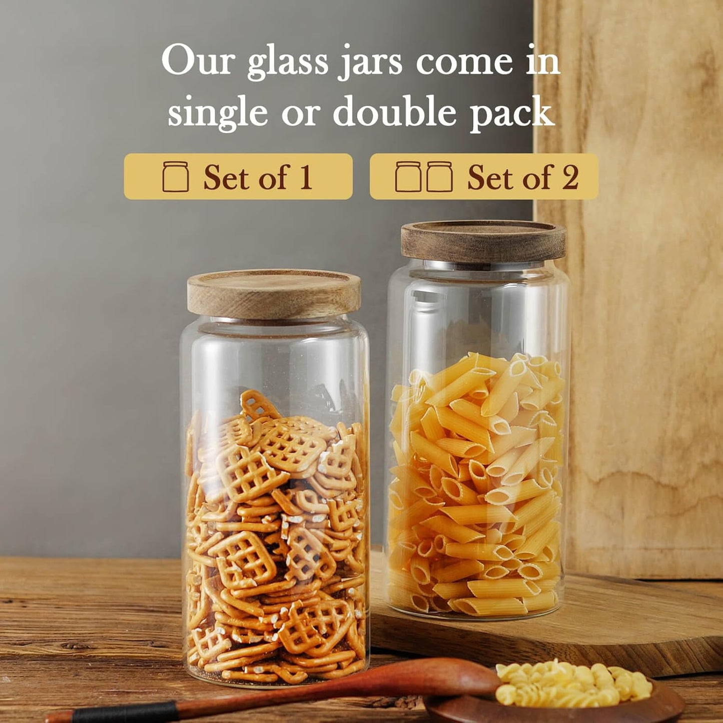 Labina Glass Storage Container Airtight Food Jars Kitchen Canister with Wood Lids, 40 Oz Wide Mouth Pantry Organization Glass Jar for Flour, Sugar, Cookie, Spagetti, Nuts and Candy