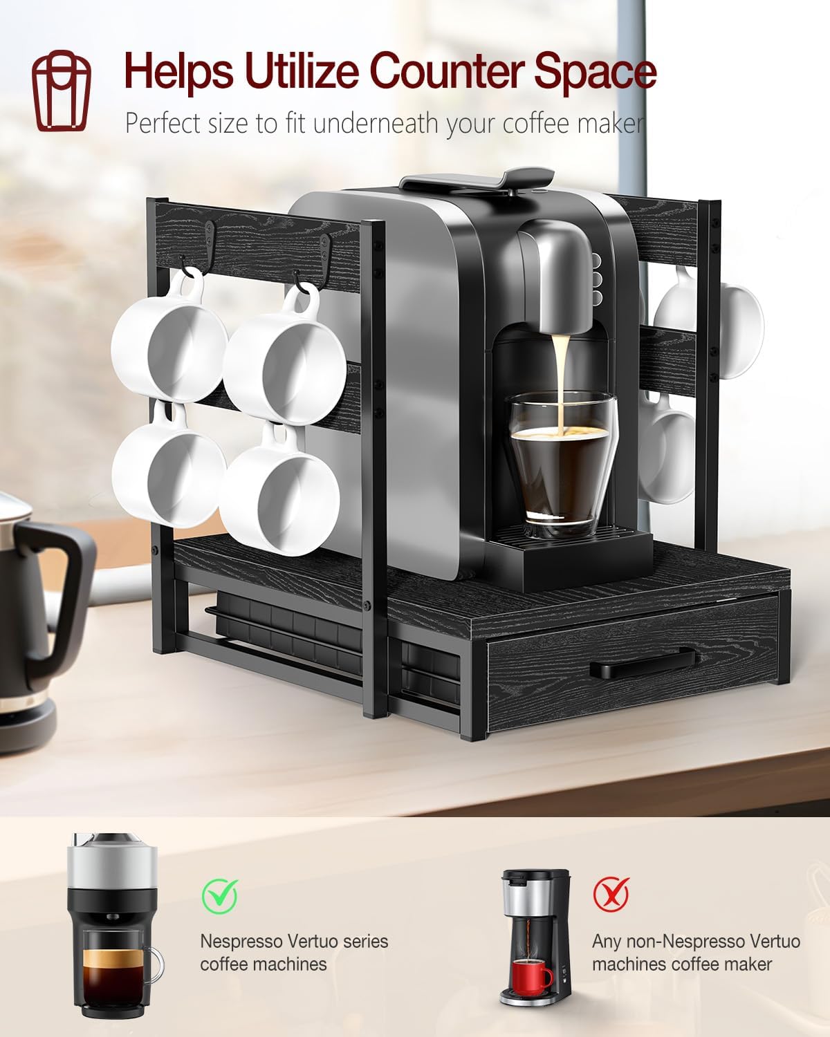 Coffee Pod Holder Compatible with Nespresso, Vertuo Pod Holder for 56 Small or 28 Large, Nespresso Capsule Organizer Drawer Coffee Maker Station with Cup Rack, Black