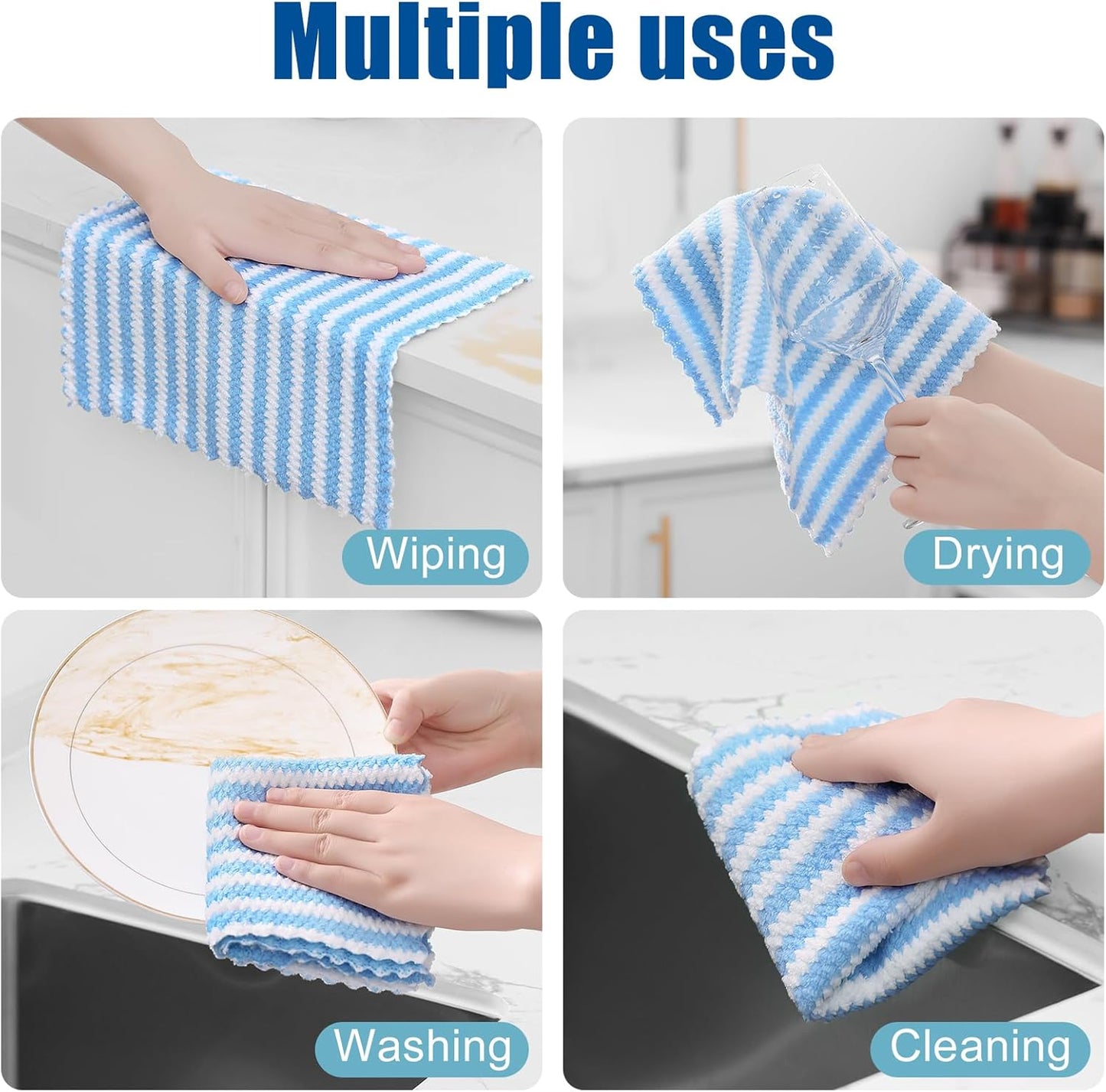 Homaxy 24 Pack Kitchen Dish Cloths, Ultra Soft and Absorbent Dish Towels, Reusable Fast Drying Microfiber Cleaning Cloth, Coral Velvet Wave Design No-lint, 10 x 10 inches, Blue