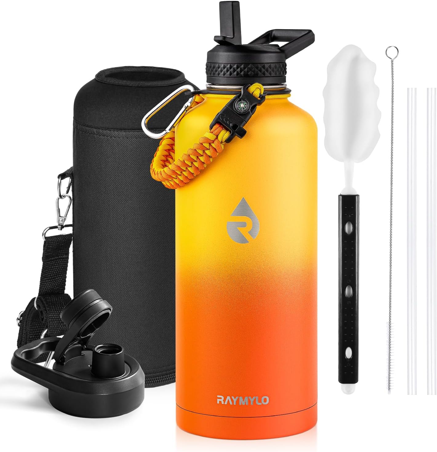 Insulated Water Bottle 87 oz, Triple Wall Vacuum Stainless Steel (Cold for 48 Hrs), Leak Proof & Non-BPA, Modern Water Flask Jug with Paracord Handle & Straw Spout Lids, Ombre Orange