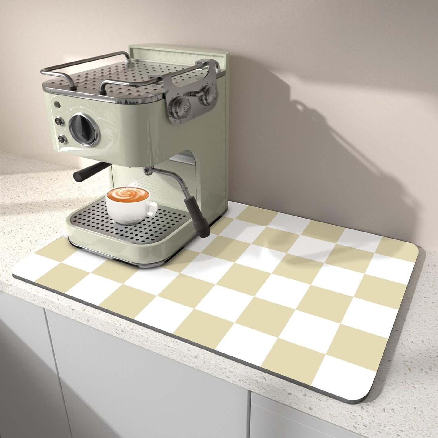 Dish Drying Mat for Kitchen, 15.7’’ X 17.7’’ Coffee Bar Mats for Countertop Fit Under Coffee Maker, Checkered Drying Mat, Hide Stain Rubber Backed Espresso Machine Absorbent Drying Pad, Beige & White