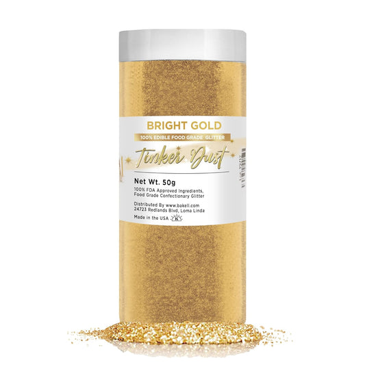 BAKELL Bright Gold Edible Glitter, 50 Grams | TINKER DUST Edible Glitter | KOSHER Certified | 100% Edible Glitter | Cakes, Cupcakes, Cake Pops, Drinks, Dessert Vegan Glitter & Dusts (50g, Bright Gold)