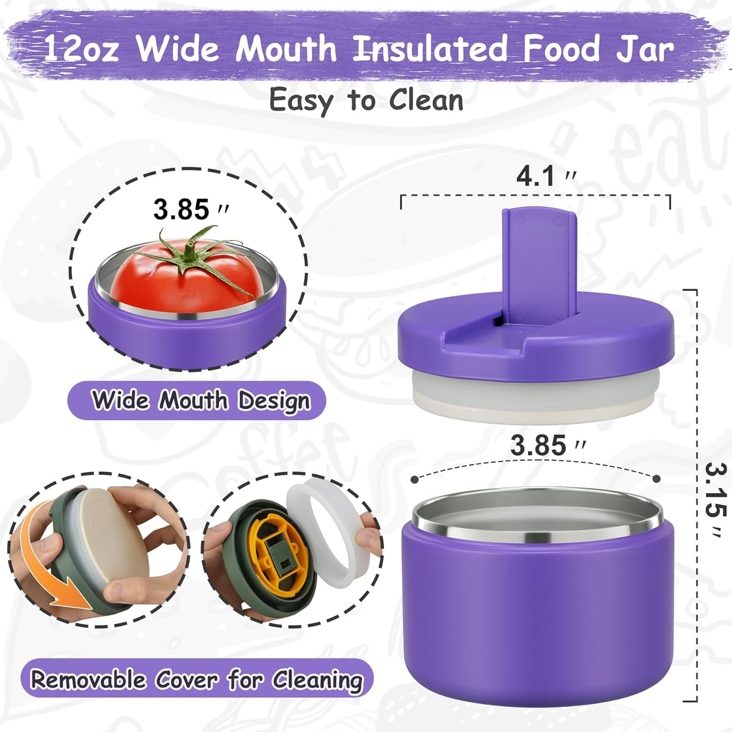 12oz Insulated Vacuum Food Jar with Buckle Lid Wide Mouth Soup Thermo for Hot Food Kids Leakproof Stainless Steel Lunch Container (Purple, 12OZ)