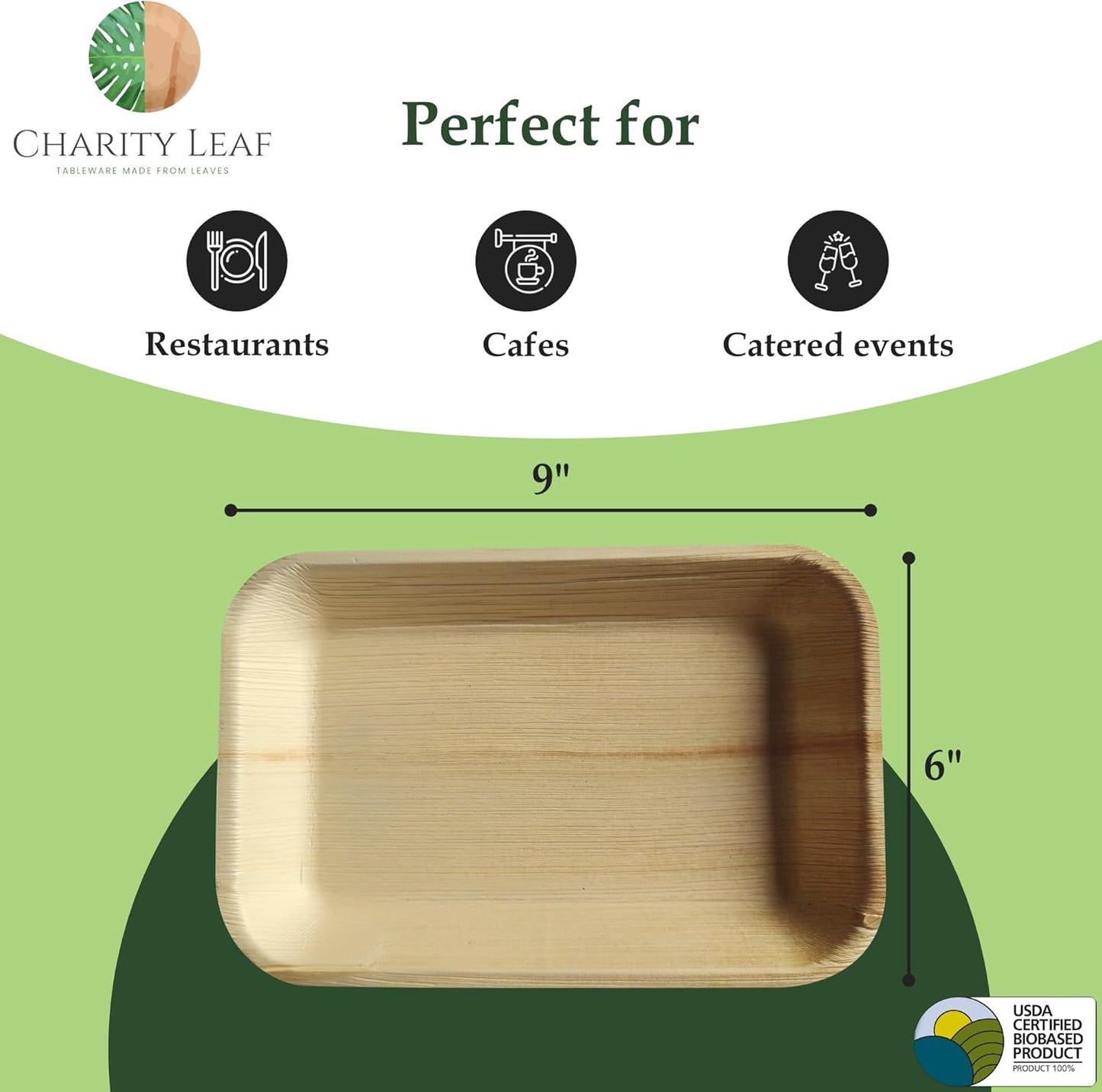 Charity Leaf Eco-Friendly Palm Leaf Trays - 9"x6" (25-Pack) | Elegant Bamboo-Inspired Platters | Premium Quality, Biodegradable | Perfect for Weddings, Catering, Events | Disposable Yet Chic