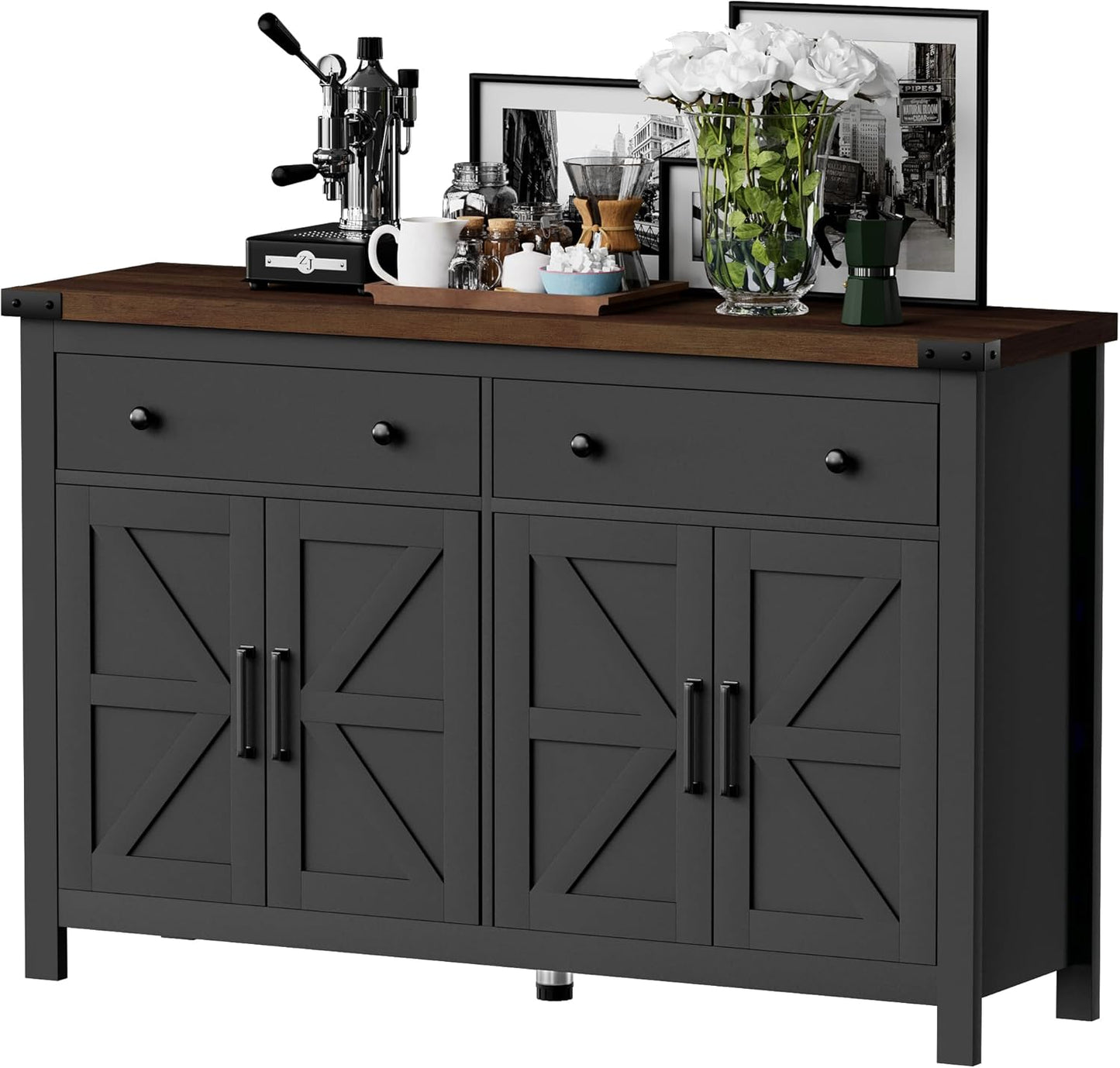 55" Sideboard Buffet Cabinet with Storage, Coffee Bar Cabinet with 2 Drawers and 4 Barn Doors, Long Storage Cabinet Modern Farmhouse, Black Wood, for Kitchen, Dining Room, Living Room