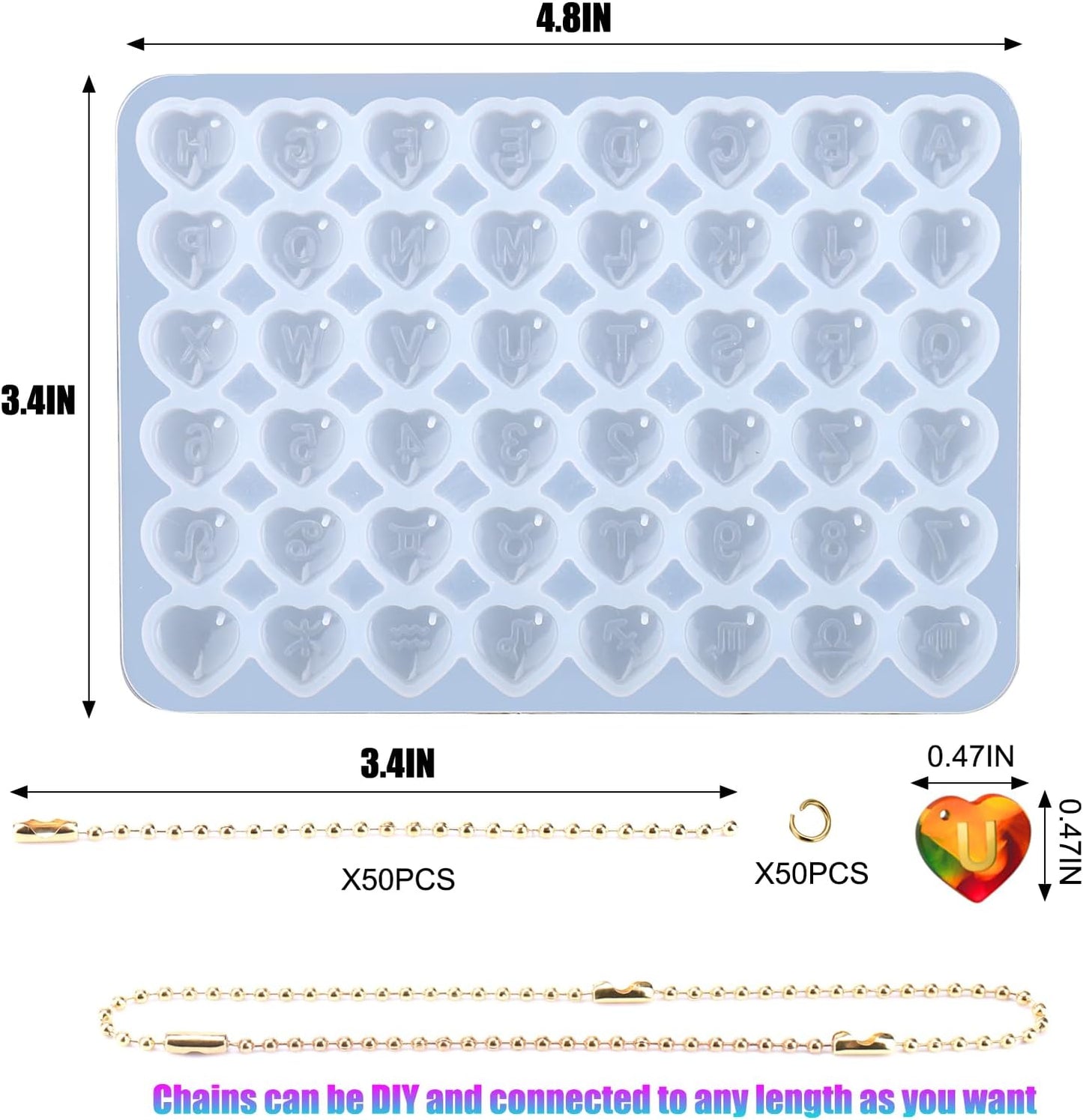 Juome Letter Resin Molds Silicone for Stanley Cup, 48 Pcs Heart Shape Letters Name Number Silicone Molds for Epoxy Resin Casting, DIY Personalized Custom Letter Charm Making for Stanley