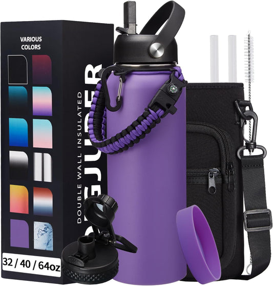 40oz Vacuum Stainless-Steel Water Bottles with Straw & Spout Lids, Leakproof Sports Metal Water Bottle Keeps Ice Cold-48Hrs Hot-24Hrs, Wide-mouth Water Bottle for Fitness Camping Running