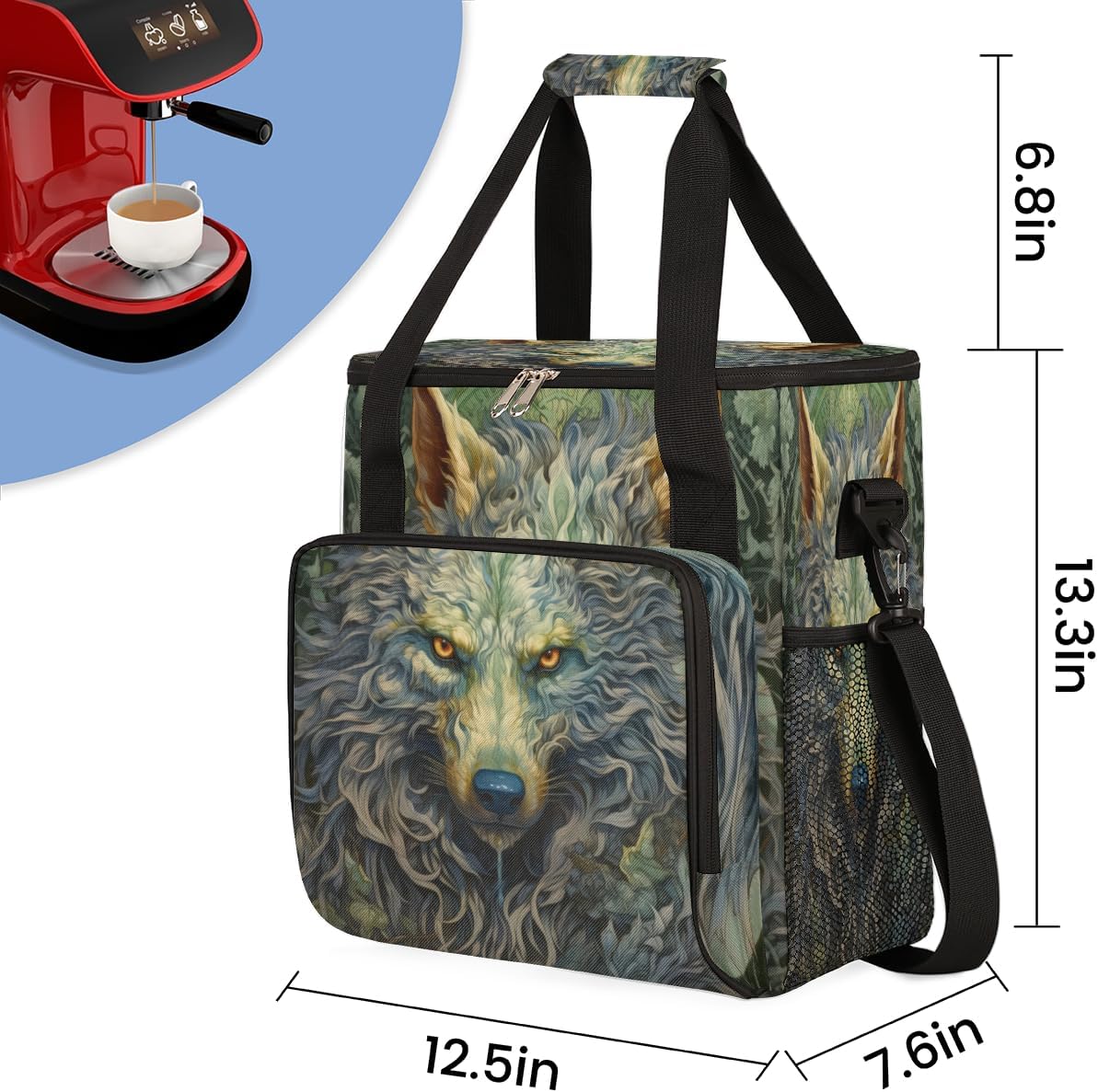 Cool Wolf With Gold Eyes Coffee Maker Carrying Bag, Waterproof Coffee Maker Travel Storage Bag, Portable Coffee Machine Tote Bag Carry on Bag Case with Shoulder Strap for Single Serve Coffee Maker