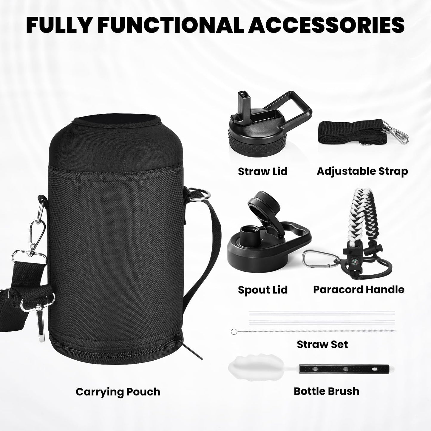 Insulated Water Bottle 64 oz, Triple Wall Vacuum Stainless Steel (Cold for 48 Hrs), Leak Proof & Non-BPA, Half Gallon Water Flask Jug with Paracord Handle & Straw Spout Lids, White/Black