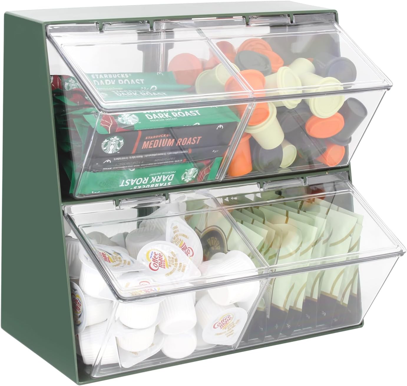 Bokelai Plastic Tea Bag Organizer with Lid - Large Capacity K Cup Holder Countertop & Desk Storage Station for Capsule, Creamer, Sugar Pods & Face Masks - Green/Clear