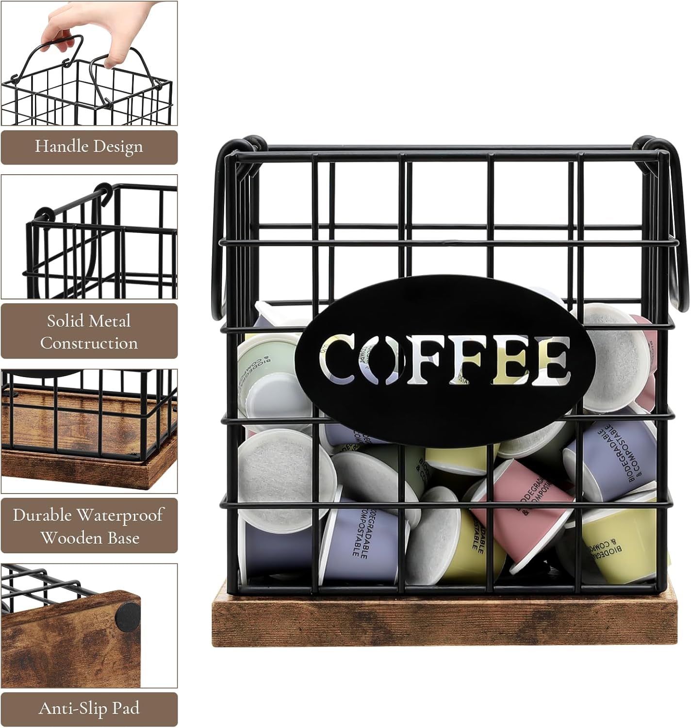 Coffee Pod Holder Organizer,Large Capacity K Cup Holder Organizer, Storage Basket for Kitchen Countertop Office Coffee Bar with Wooden Base(Rustic Brown-Square)
