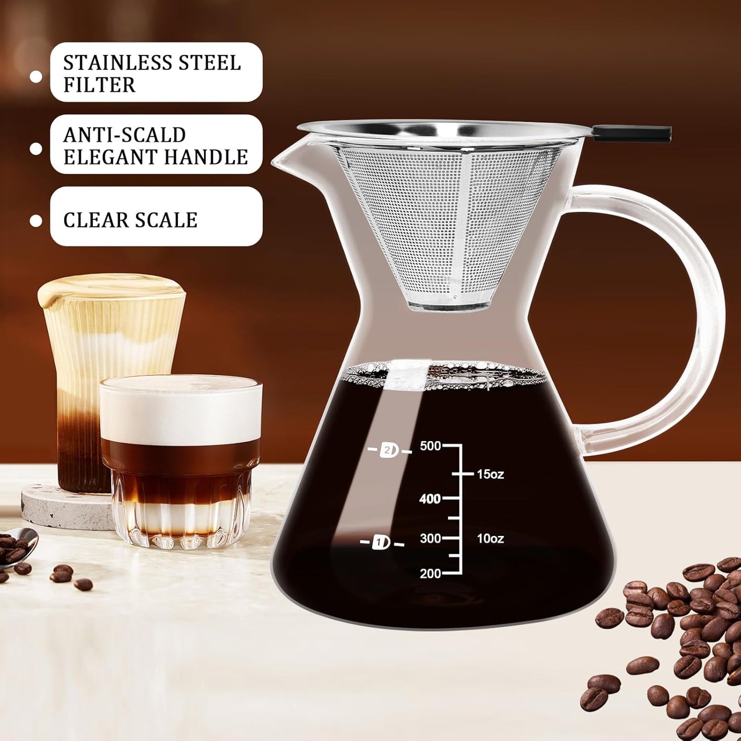 500ML(16.9oz) Glass Pour Over Coffee Maker with Double Stainless Filte - 4 Cup (Approx Refers to 4 oz. Per Cup) Thickened Heat-Resistant Paperless Pour Over Coffee Dripper Perfect Extraction for Home