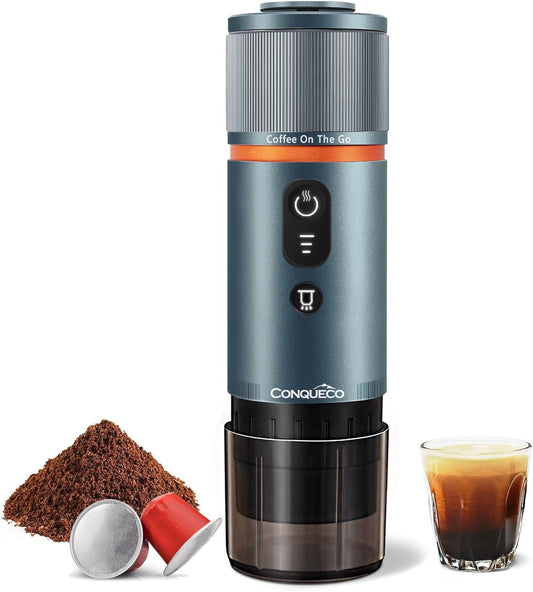CONQUECO Portable Espresso Coffee Machine: 12V Electric Small Travel Expresso Maker - Self Heating 8 Cups Battery Powered Compatible for Nespresso Capsule - for Camping RV Hiking Office (Smoke Blue)