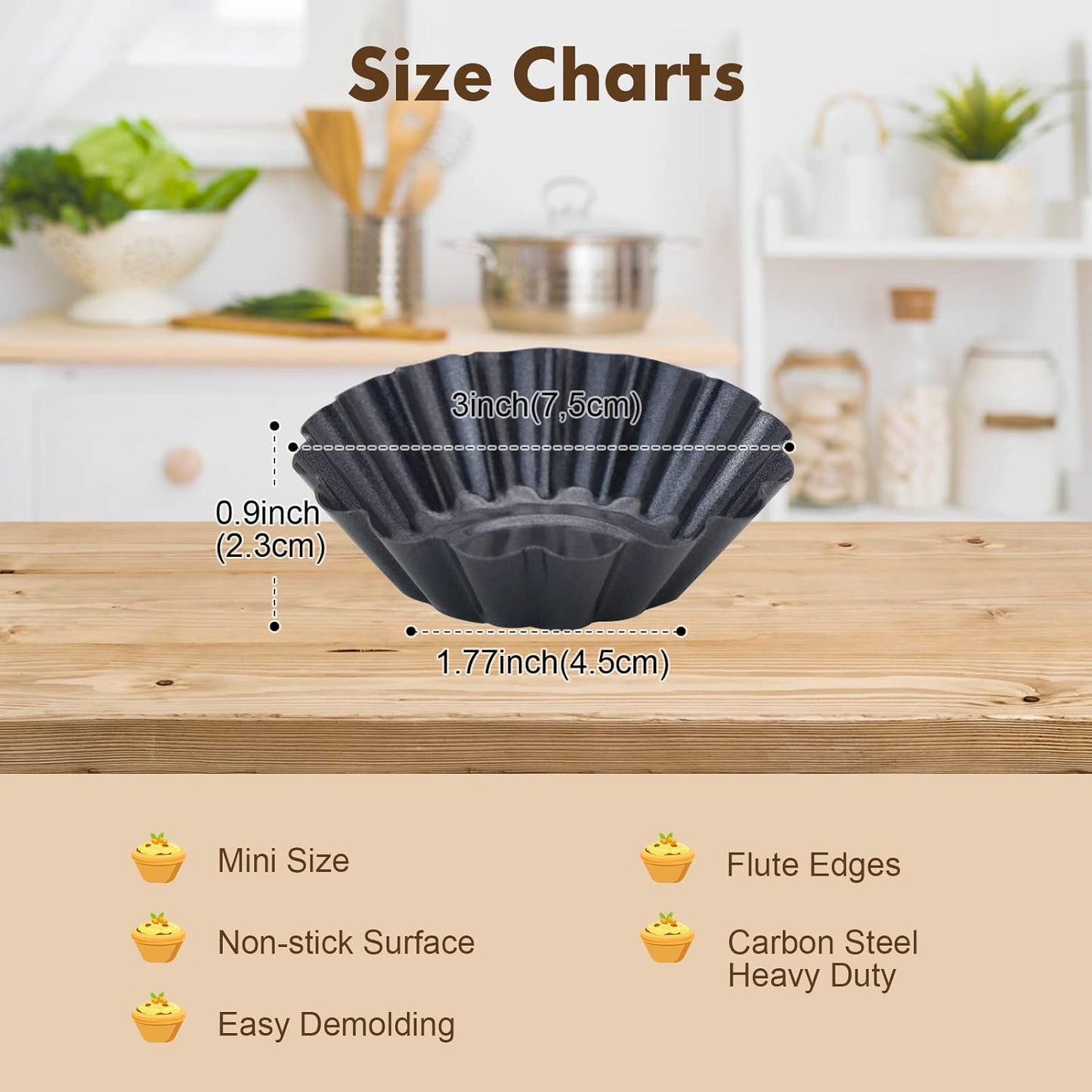 Egg Tart Molds, 12 PCS Non-Stick Very Mini Tart Pans, Mini Tart Mold 3 InchTop, 1.7 Inch Bottom, 0.9Inch High, Carbon Steel, Kitchen Reusable Baking Tools.