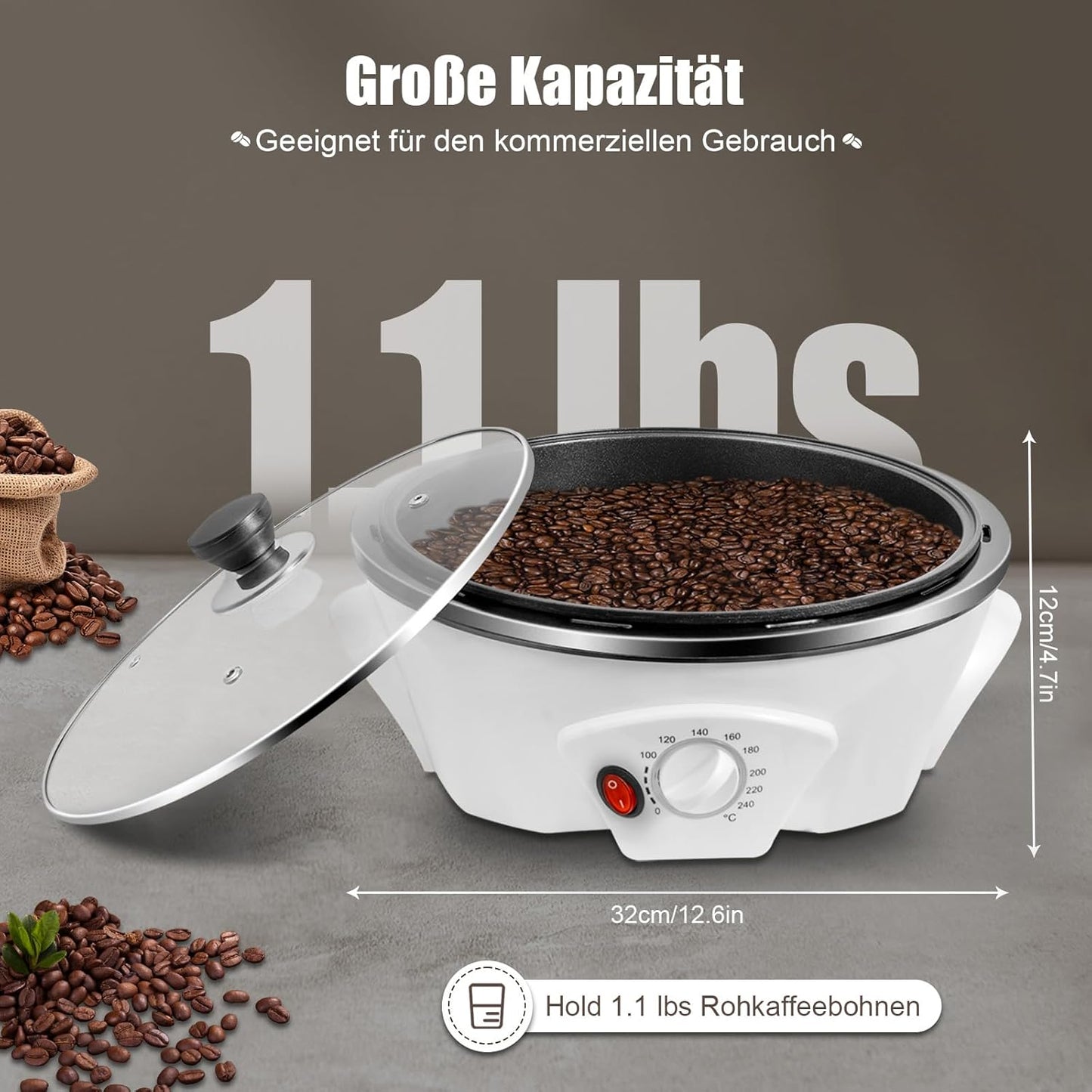 Coffee Roaster Machine for Home Use, 800W Tostadora De Cafe Coffee Bean Roaster Adjustable Temperature with Stir Bar And Glass Cover for Beans, Red Beans, Nuts