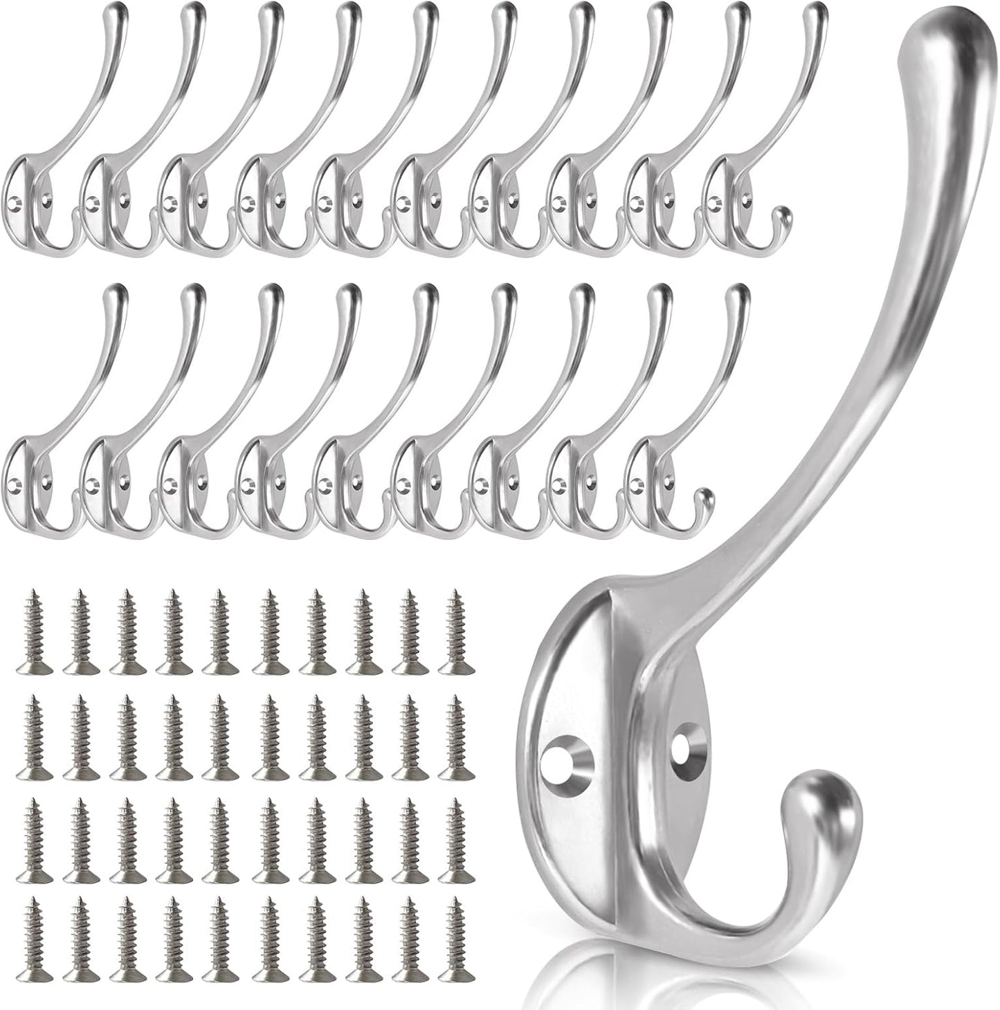Wall Hooks for Hanging, 20-Pcs Heavy Duty Metal Coat Hooks, for Living Room, Bathroom, Kitchen, Bedroom for Coats Towel, Hat, Key, Closet, Bag (Silver)