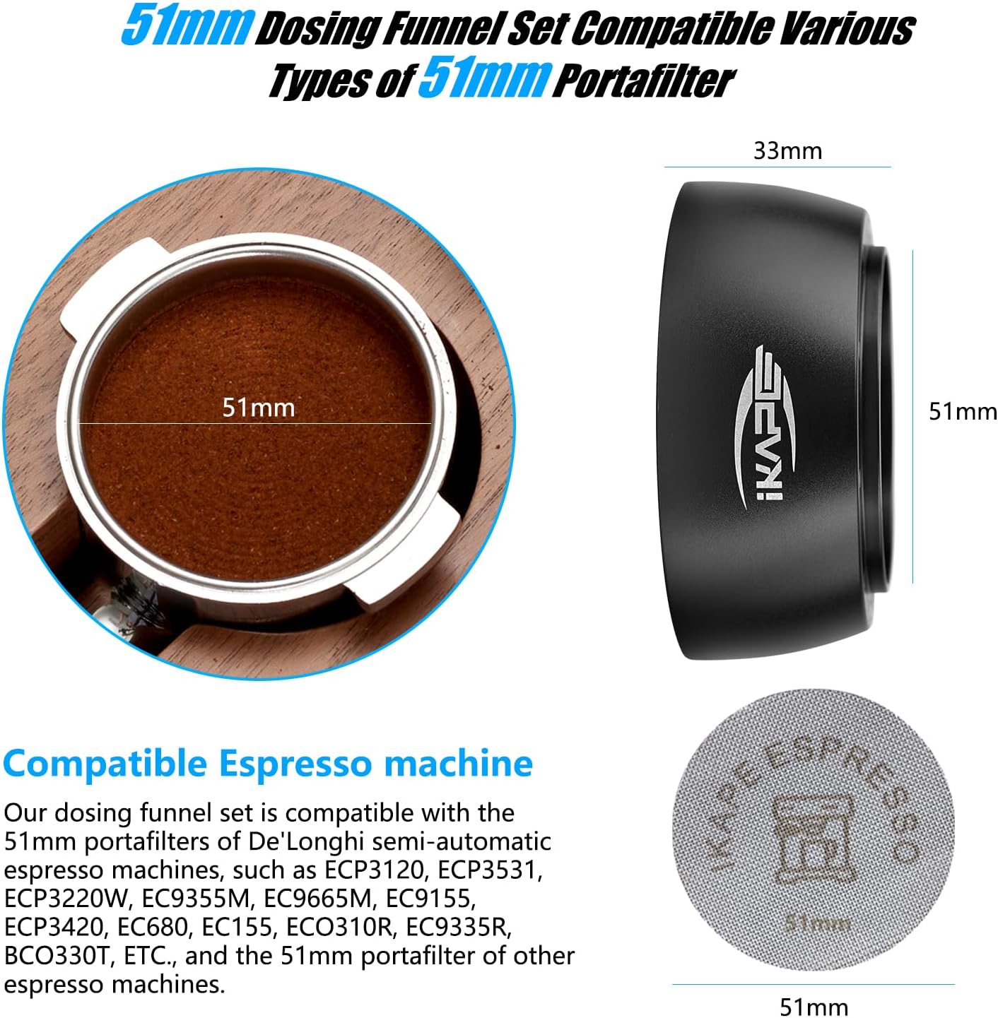 IKAPE Magnetic Dosing Funnel Set, 51MM Espresso Dosing Ring & Puck Screen Kit Compatible with Delonghi 51MM Bottomless Portafilter - with 8 Small Magnet (Black)