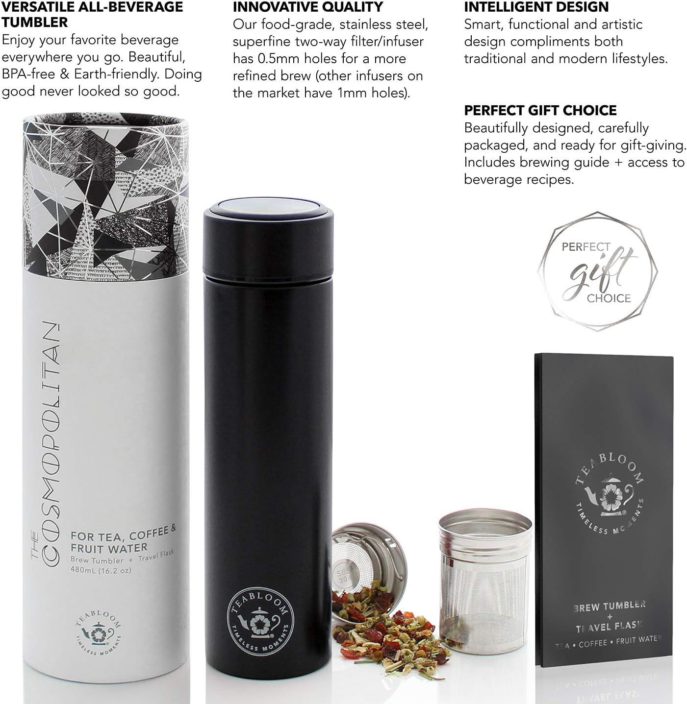 Teabloom - The ORIGINAL All-Brew Travel Tumbler & Thermos | OPRAH’s Favorite | 16oz/480ml Insulated Water Bottle/Tea Flask/Cold Brew Coffee Mug