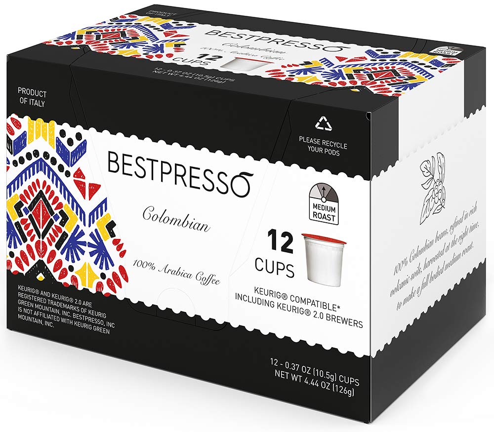 Bestpresso Coffee, Colombian Medium Roast Single Serve K-Cup Pods, 96 Count (Compatible With 2.0 Keurig Brewers) 8 Packs Of 12 Cups