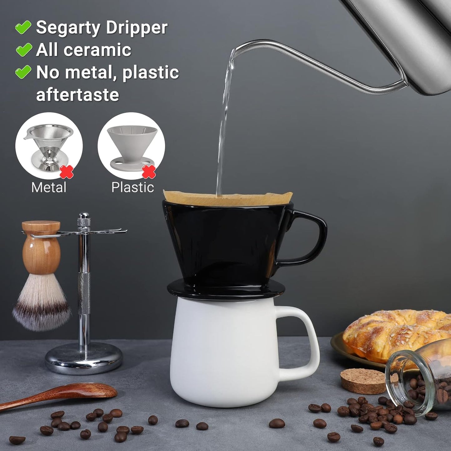Segarty #2 Pour Over Coffee Maker, Single Cup Black Ceramic Coffee Dripper, 1 Set Size No.2 Reusable Filter Cone Drip Holder Slow Brewer with 3 Holes Flat Bottom for Travel, Camping, Office, Home