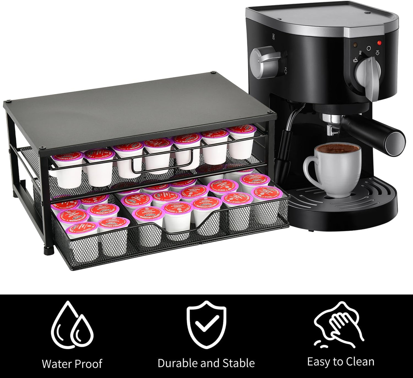 Spacrea K Cup Holder Organizer- Coffee Pod Holder for Counter with 2 Tier Sliding Storage Drawer, Coffee Station Bar Accessories Holder, 63 Large or 80 Small Capsules, Home Kitchen (Black)
