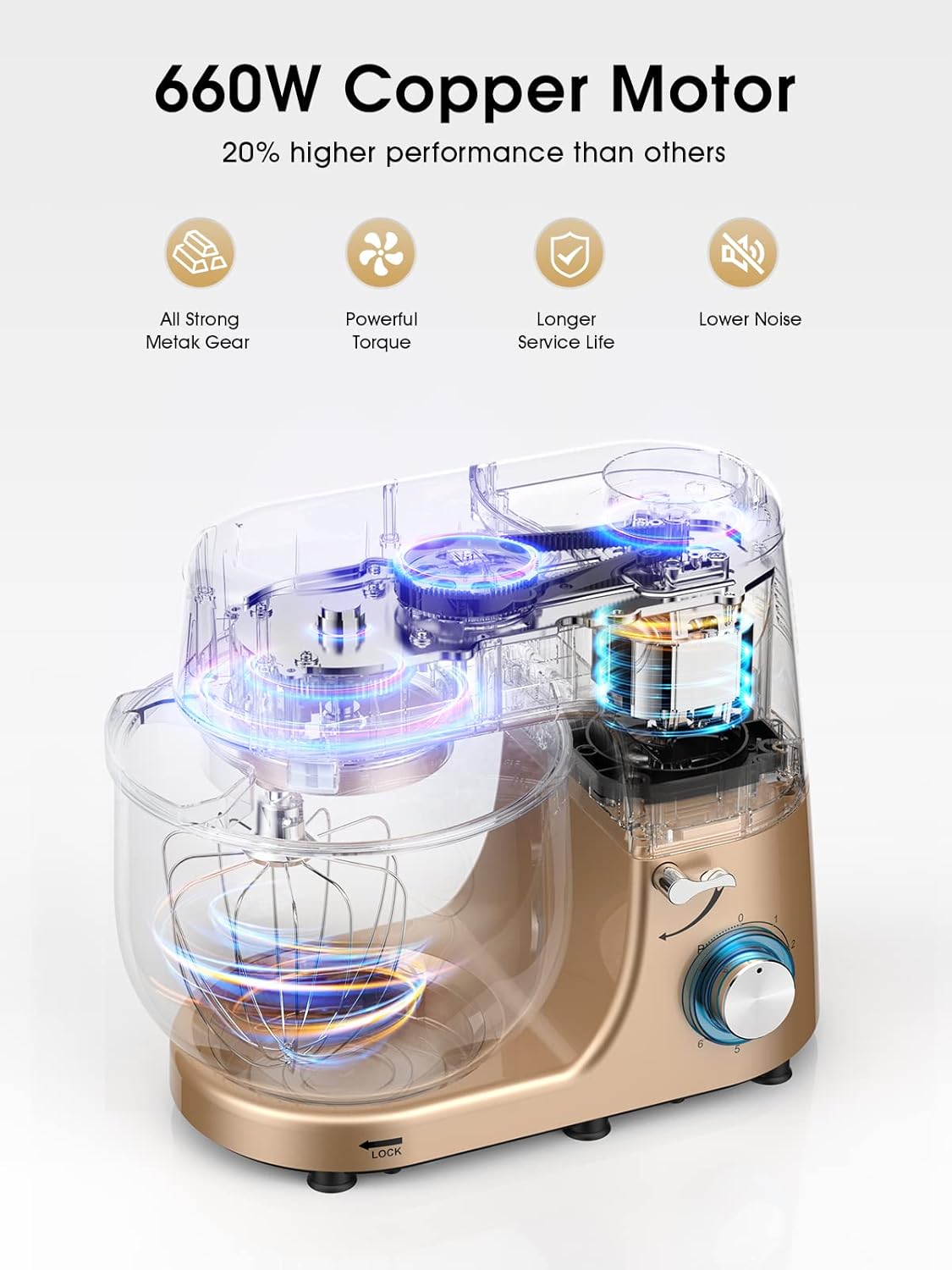 9.5 QT Double Handle KUCCU Stand Mixer, 6 Speed with Pulse Electric Kitchen Mixer, 660W Tilt-Head Food Mixer with Dishwasher-Safe Dough Hook, Flat Beater, Whisk, Splash Guard for home baking (Gold)