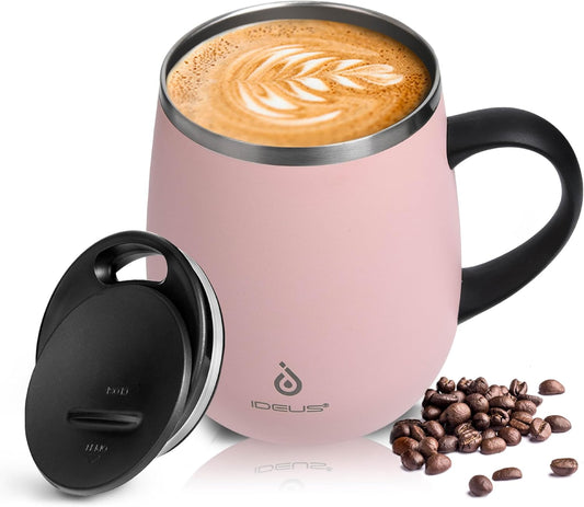 Ideus 16 oz Insulated Coffee Mug with Handle and Lid, Double Wall Stainless Steel Vacuum Thermal Coffee Mug, Travel Coffee Cup Thermal Cup for Home and Office, Sakura Pink