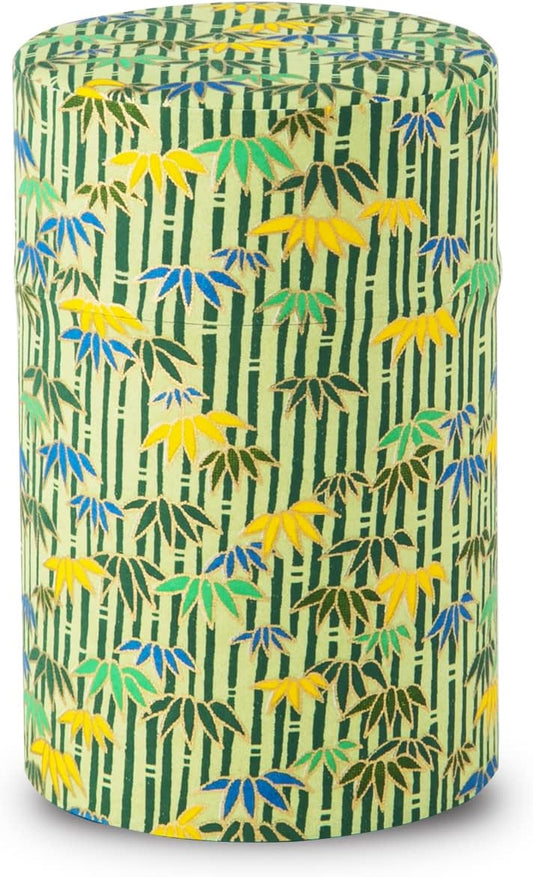 NOREN Japanese Tea Canister Tin (Yuzen Washi Paper), 3.5oz Size Made in JAPAN with Includes Inner Lid of Airtight Damp-Proof/Kitchen Jar for Loose Leaf Coffee Tea Spice and More (Bamboo/Green)