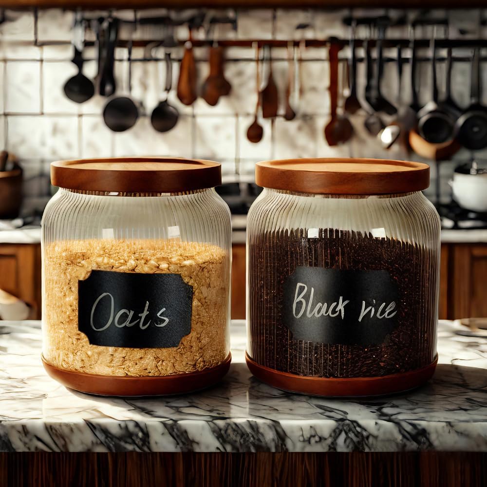SAIOOL 2-Pack Striped Borosilicate Glass Airtight Canisters - Big mouth Large Capacity, Acacia Wood Lid, Food Storage Jars for Flour, Pasta, Pantry Organization (1/2 Gallon （Striped 2 pack）)
