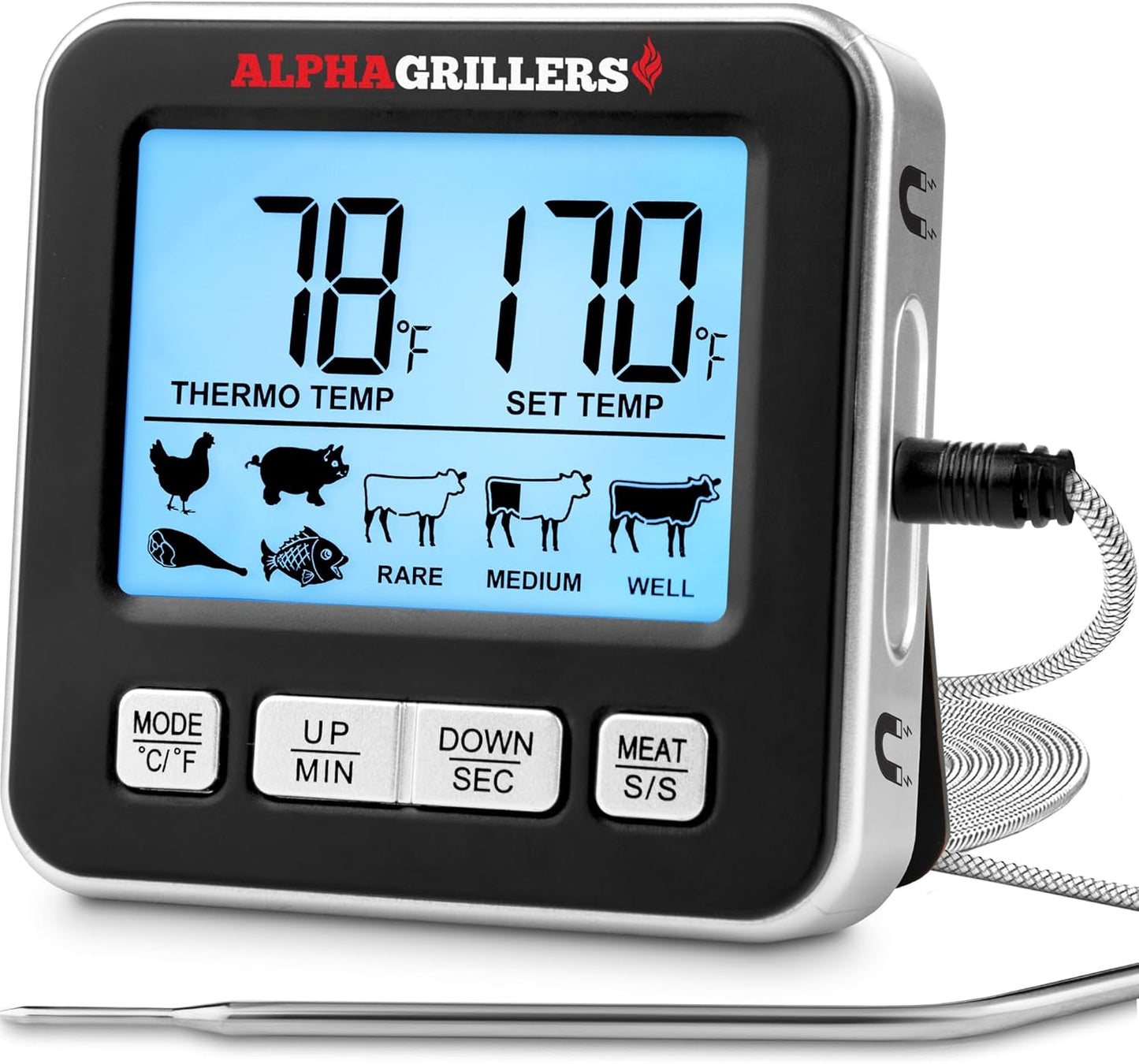 Alpha Grillers Meat Thermometer Digital for Oven - Large Display Oven Thermometer for Cooking - Leave-in BBQ Grilling Probe with 7 Presets, Timer, Alarm - Gifts for Men Him Boyfriend Husband
