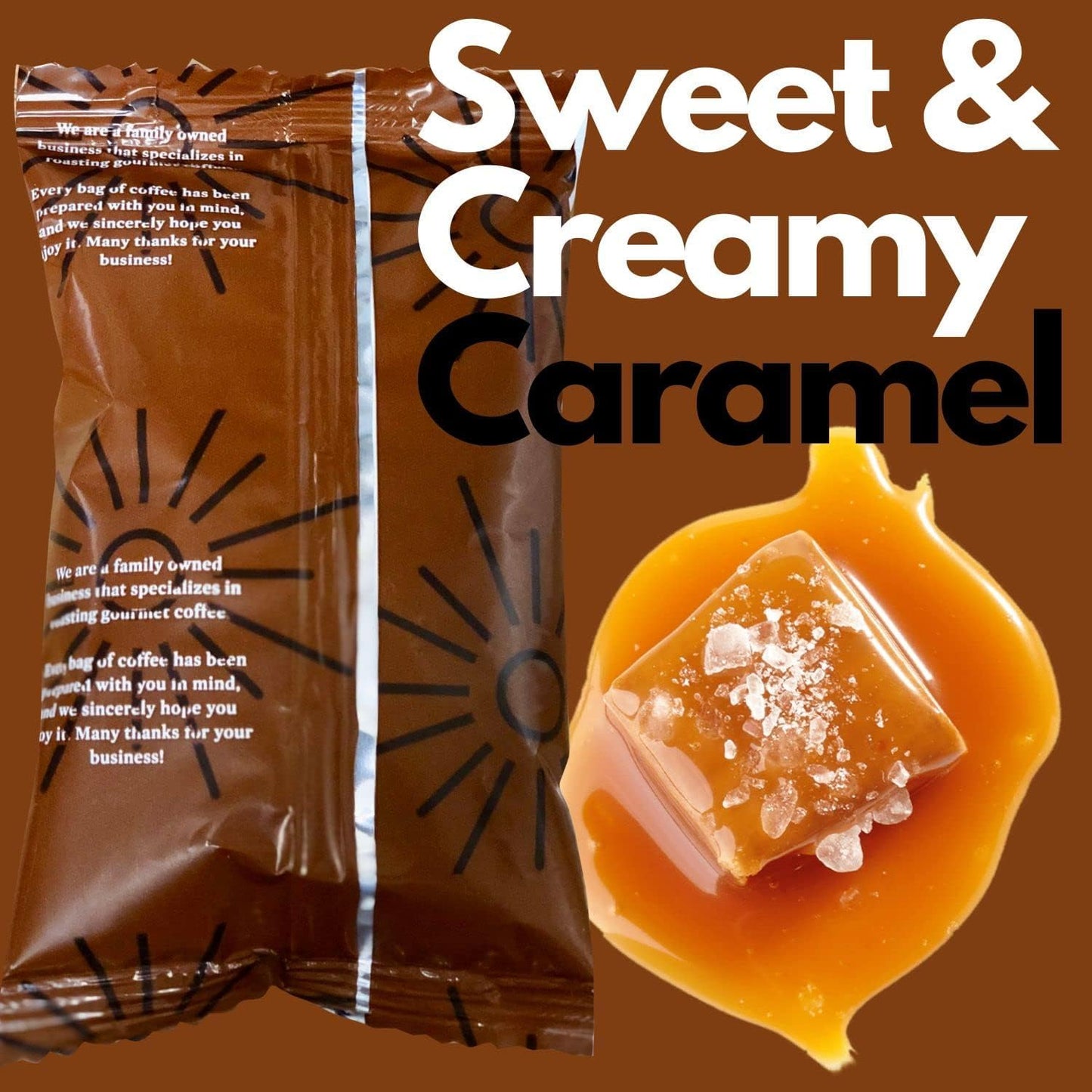 Sarasota Coffee Packs Bulk Ground Packets | Salted Caramel Flavored | Gourmet Gift Sampler | Low Acid Mold Free Individual Single Pot Pouches for 12 Cup Coffee Maker | 1.75 Oz Bags, 100 Count