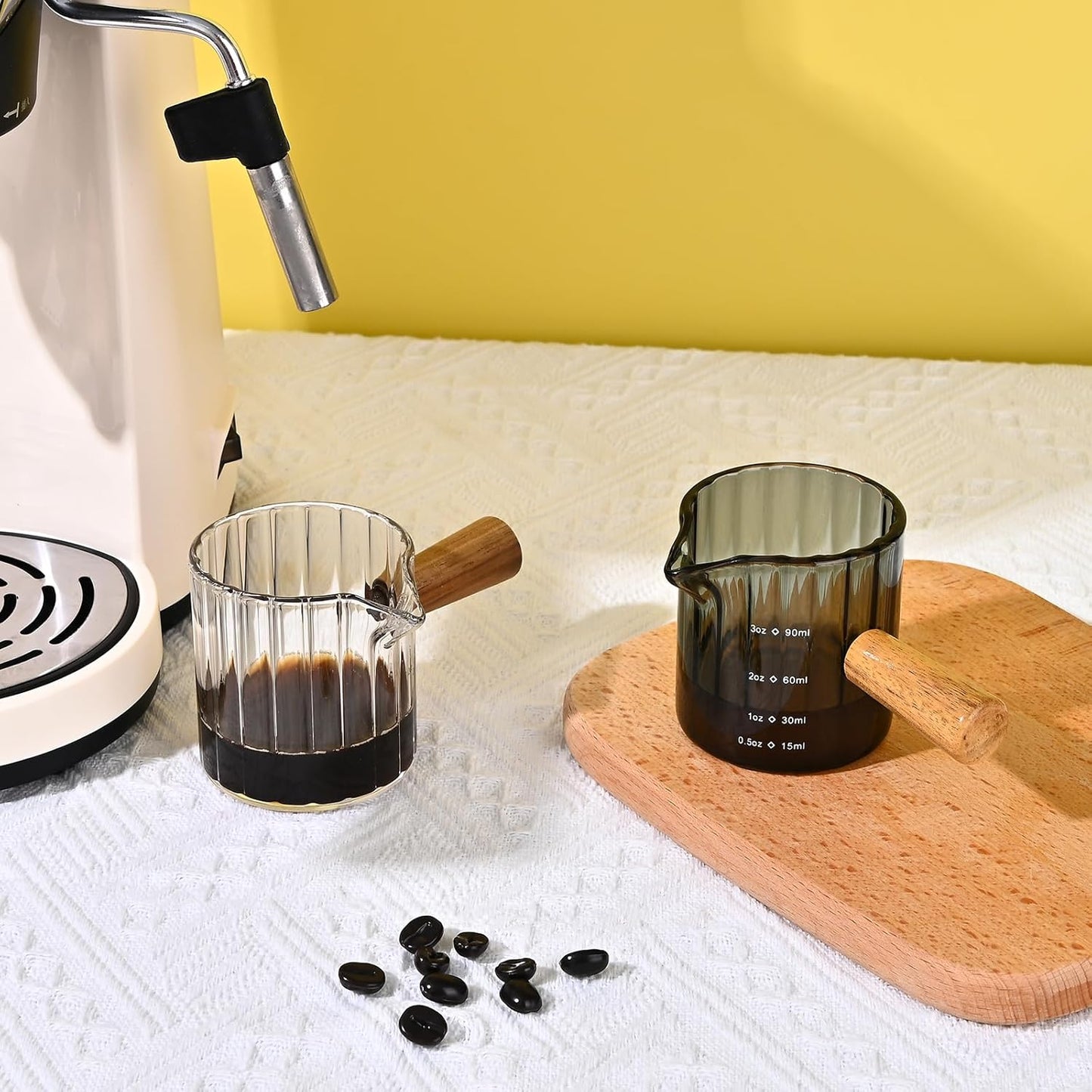 Glass Measuring Cup, 3oz Espresso Shot Glass with Wood Handle, Single Spout Clear Measuring Cups Pitcher Milk Cup Coffee Shot Glasses (Transparent Ribbed)