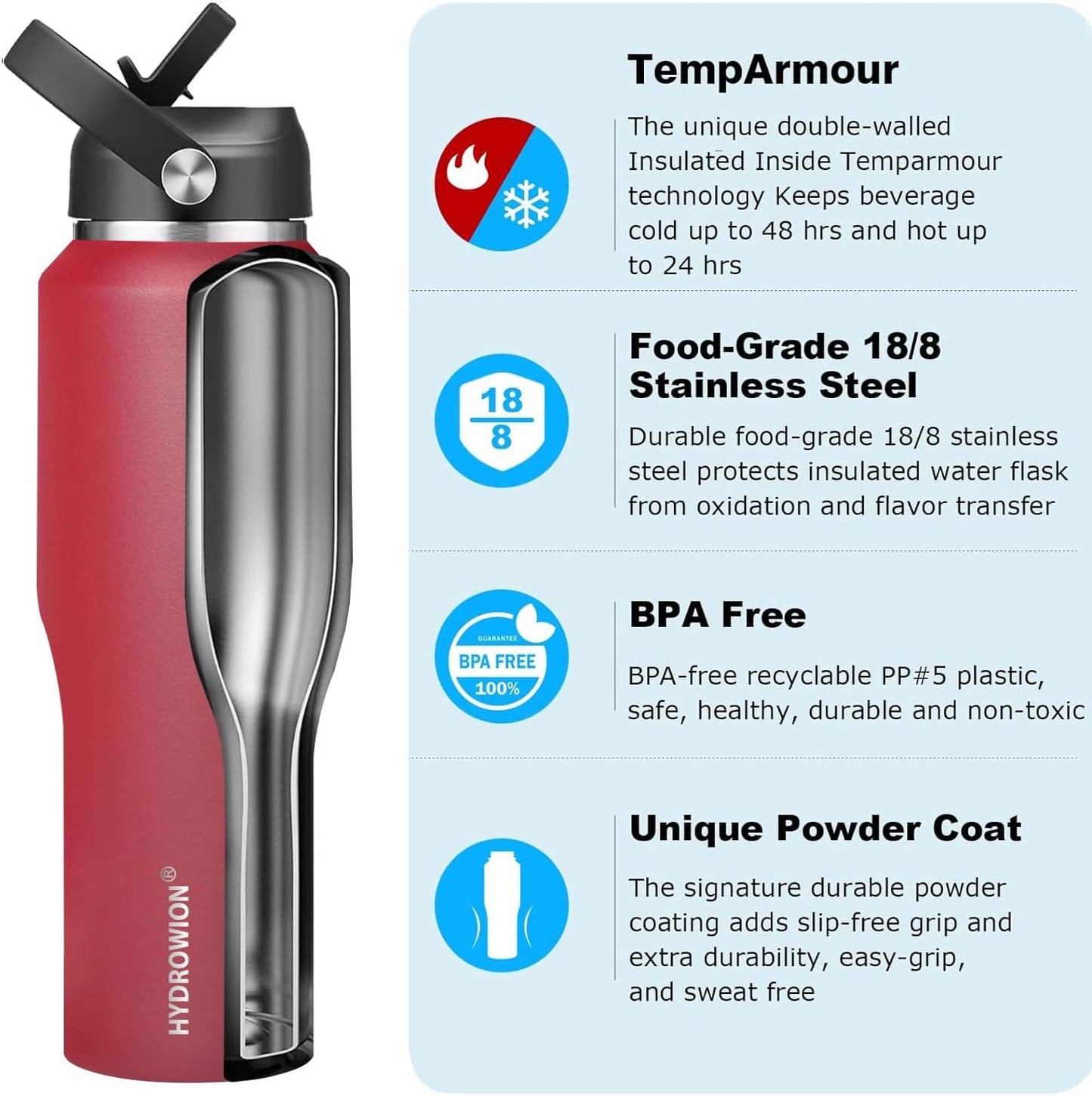 HYDROWION Water Bottle Stainless Steel,Vacuum Insulated Leak Proof Tumbler 32oz with Straw Lid, Spout Lid and Flex Cap(Cold for 48 Hrs, Hot for 24 Hrs), Fit in Any Car Cup Holder, Red
