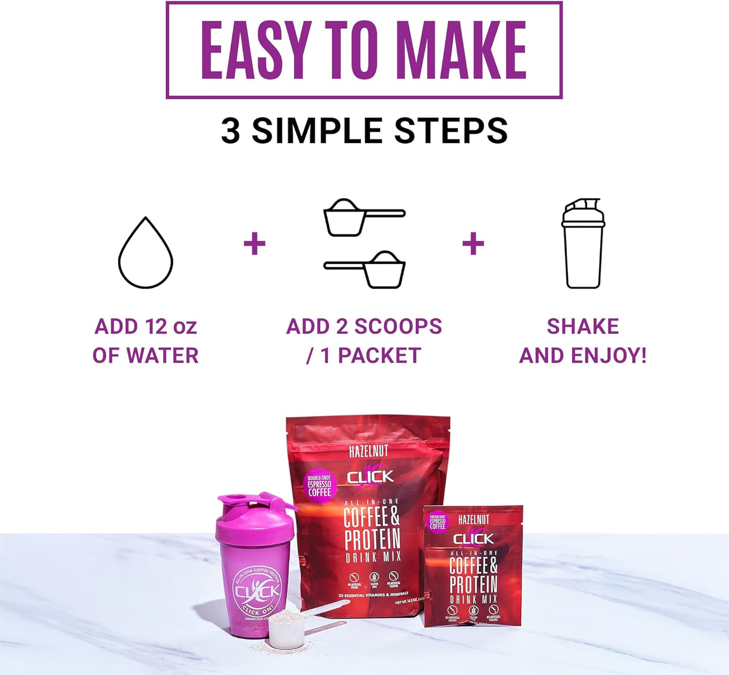 Click Coffee Protein Powder | Double Shot Espresso | 16g Protein | 23 Essential Vitamins | Low Calorie Meal Replacement | 150mg Caffeine | Gluten Free | No Artificial Flavors or Colors | Hazelnut