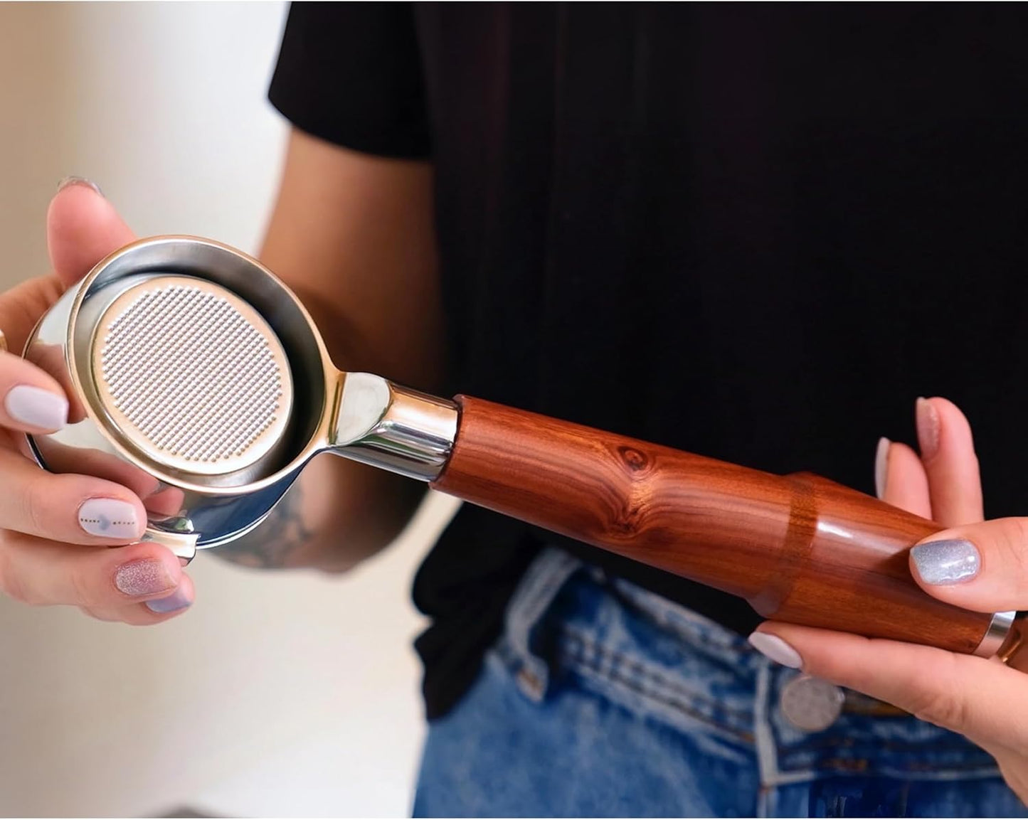 58mm Naked Portafilter Compatible with Breville Dual Boiler, Oracle, Oracle Jet Espresso Machines Rosewood Handle 2 Ears 18-21g Double Shot Filter Basket Included