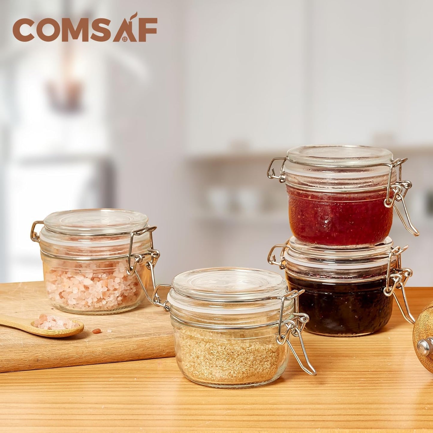 ComSaf 4oz Small Airtight Glass Jars Set of 6 with Lids Food Storage Jar Round, Mason Jar, Mini Storage Container with Clear Preserving Seal Wire Clip Fastening for Kitchen Canning, Jam, Spice, Honey